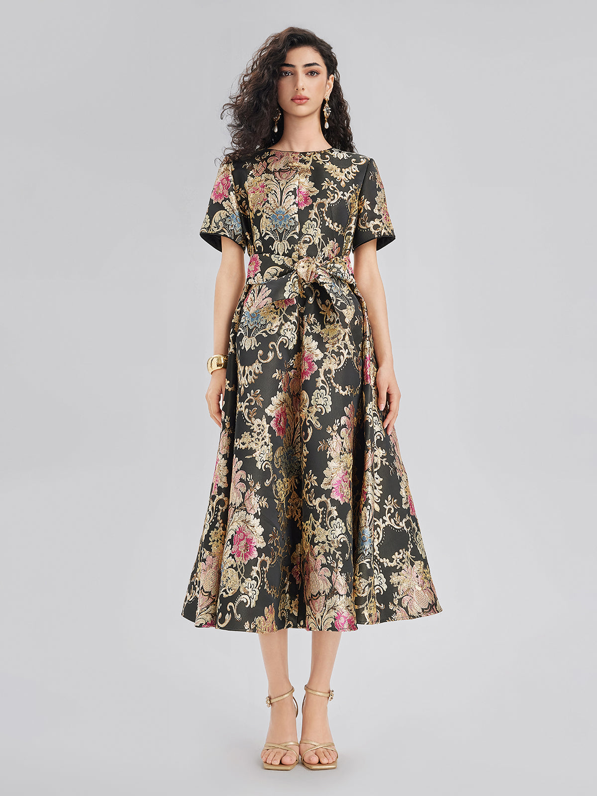 Vintage Metallic Embroidered Evening Gown Dress