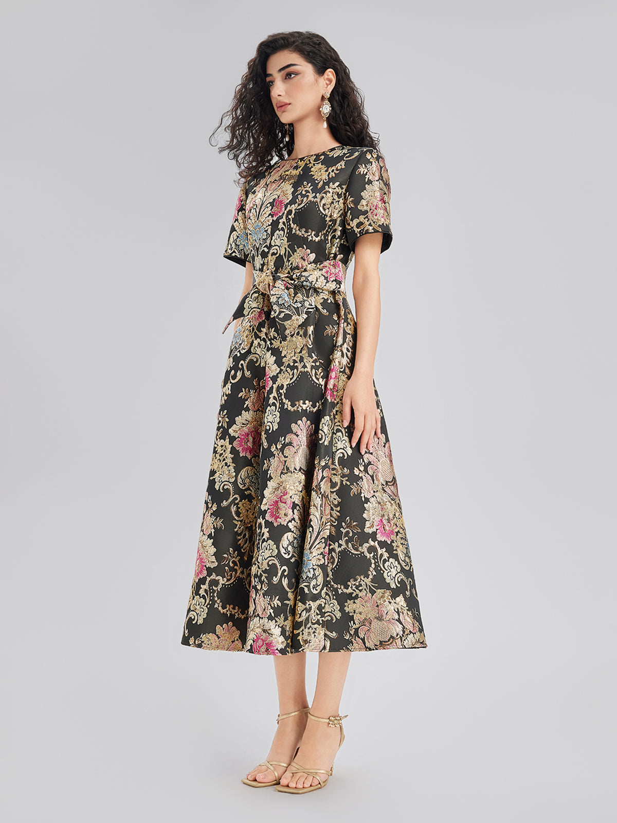 Vintage Metallic Embroidered Evening Gown Dress