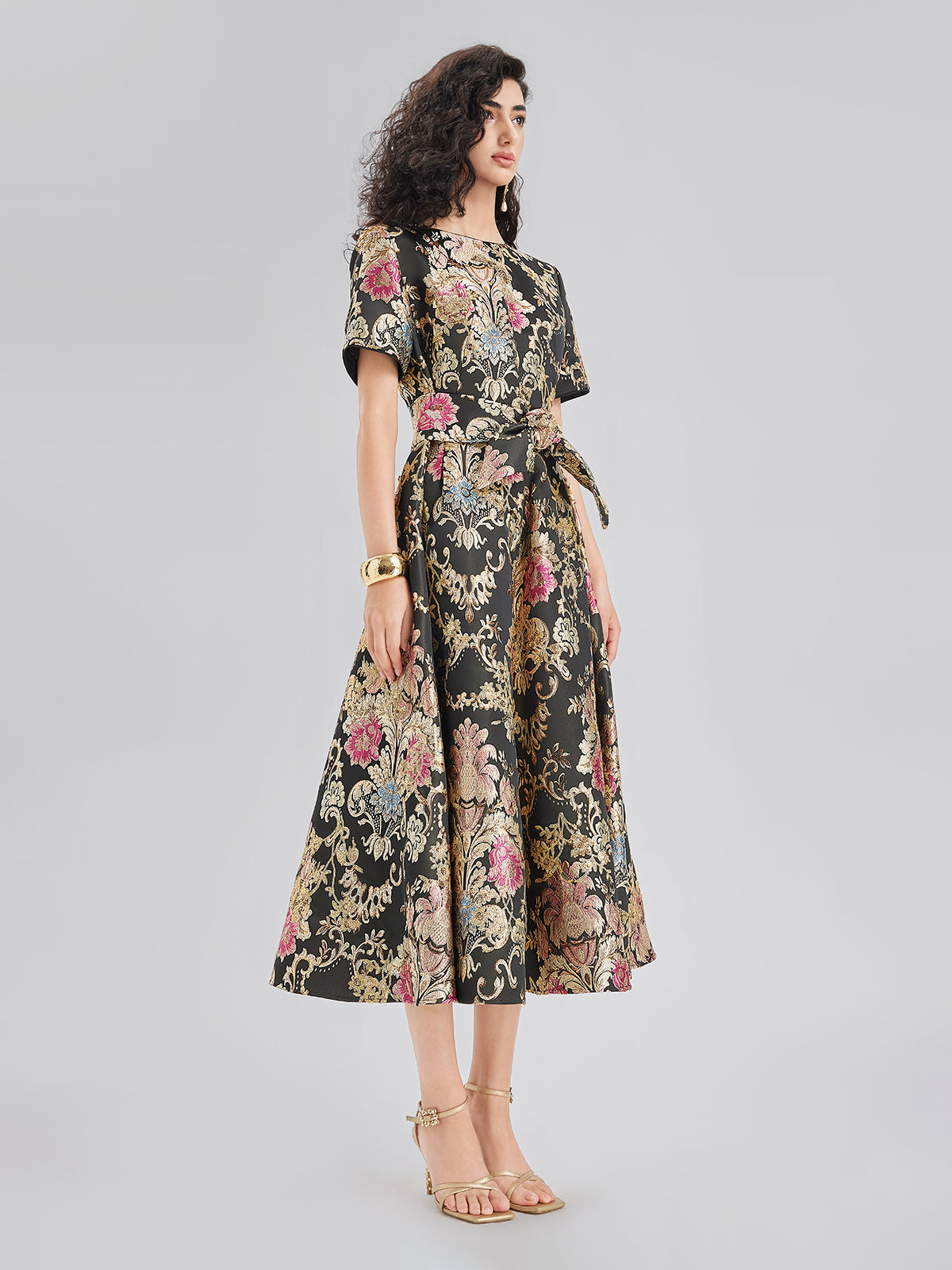Vintage Metallic Embroidered Evening Gown Dress