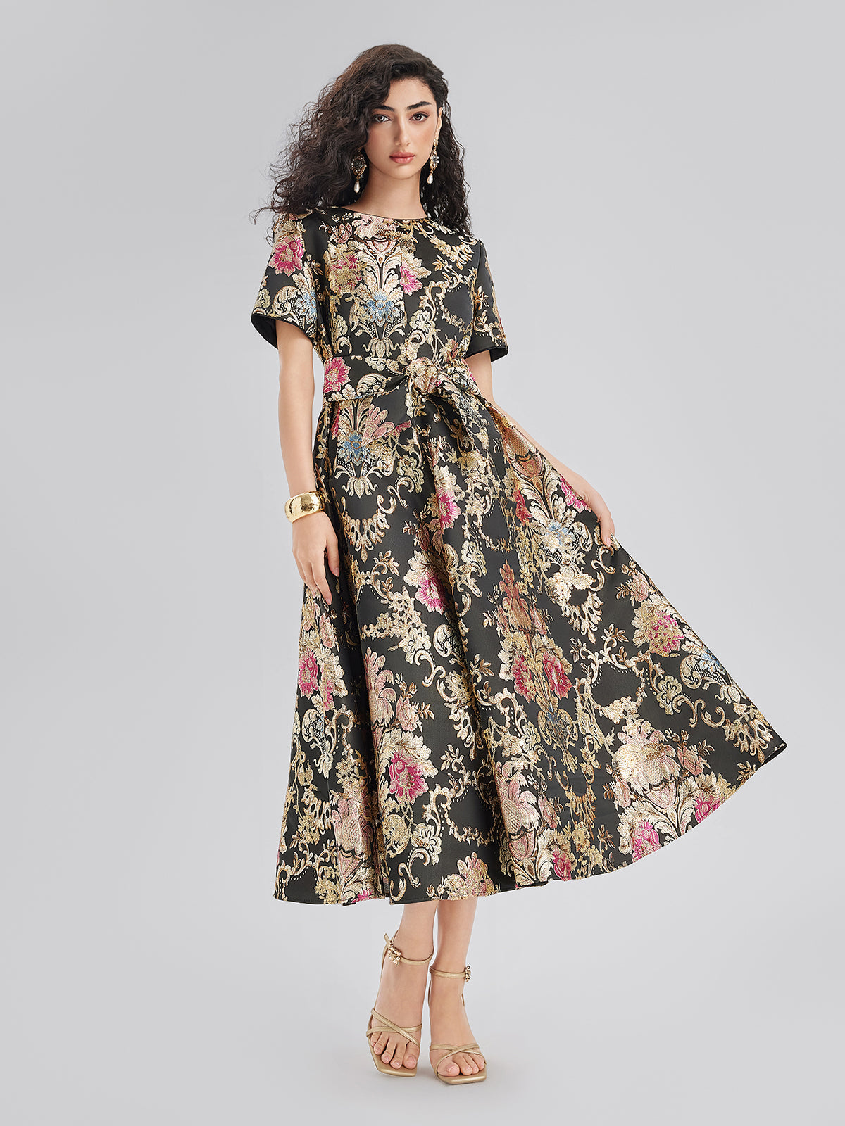 Vintage Metallic Embroidered Evening Gown Dress