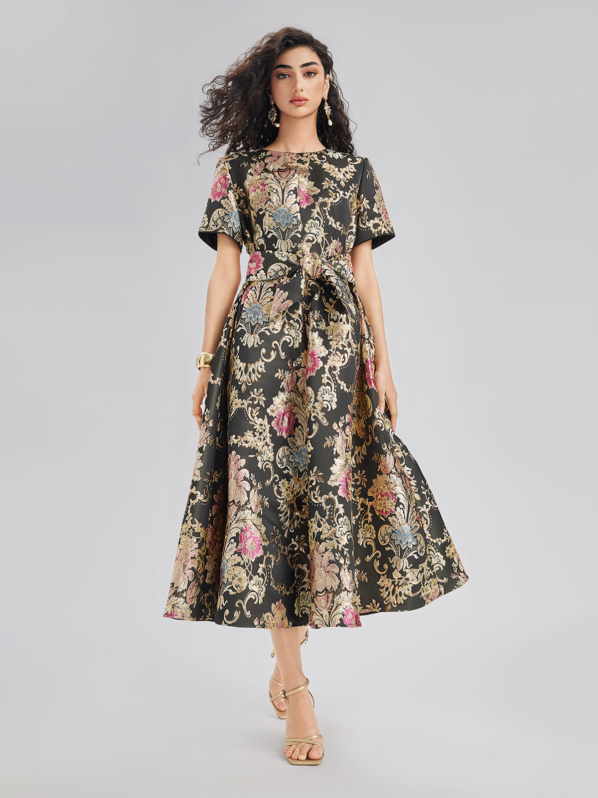 Vintage Metallic Embroidered Evening Gown Dress