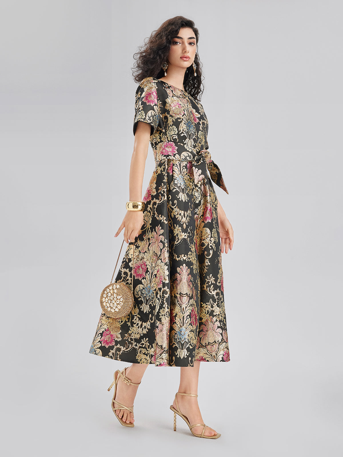 Vintage Metallic Embroidered Evening Gown Dress