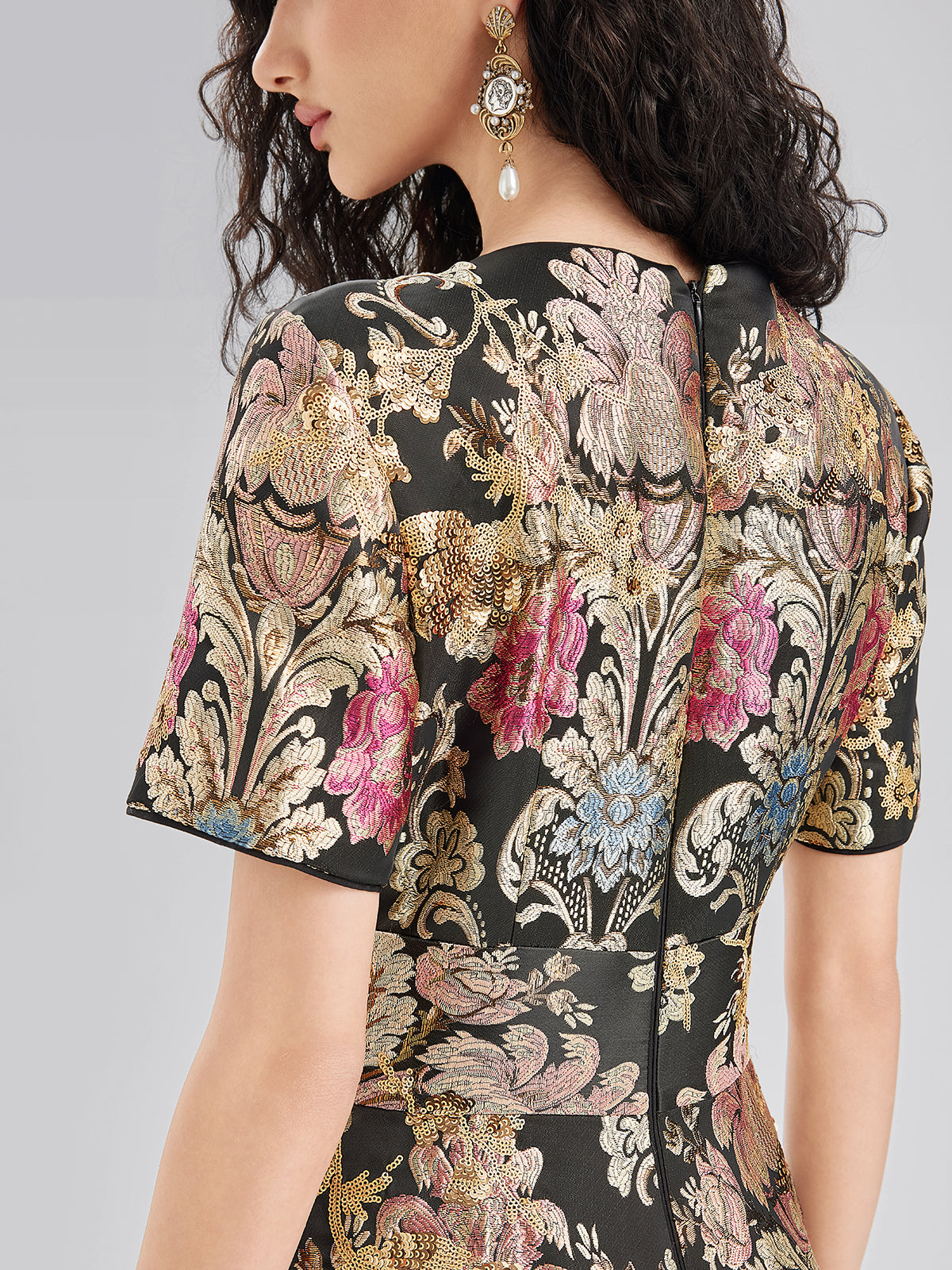 Vintage Metallic Embroidered Evening Gown Dress