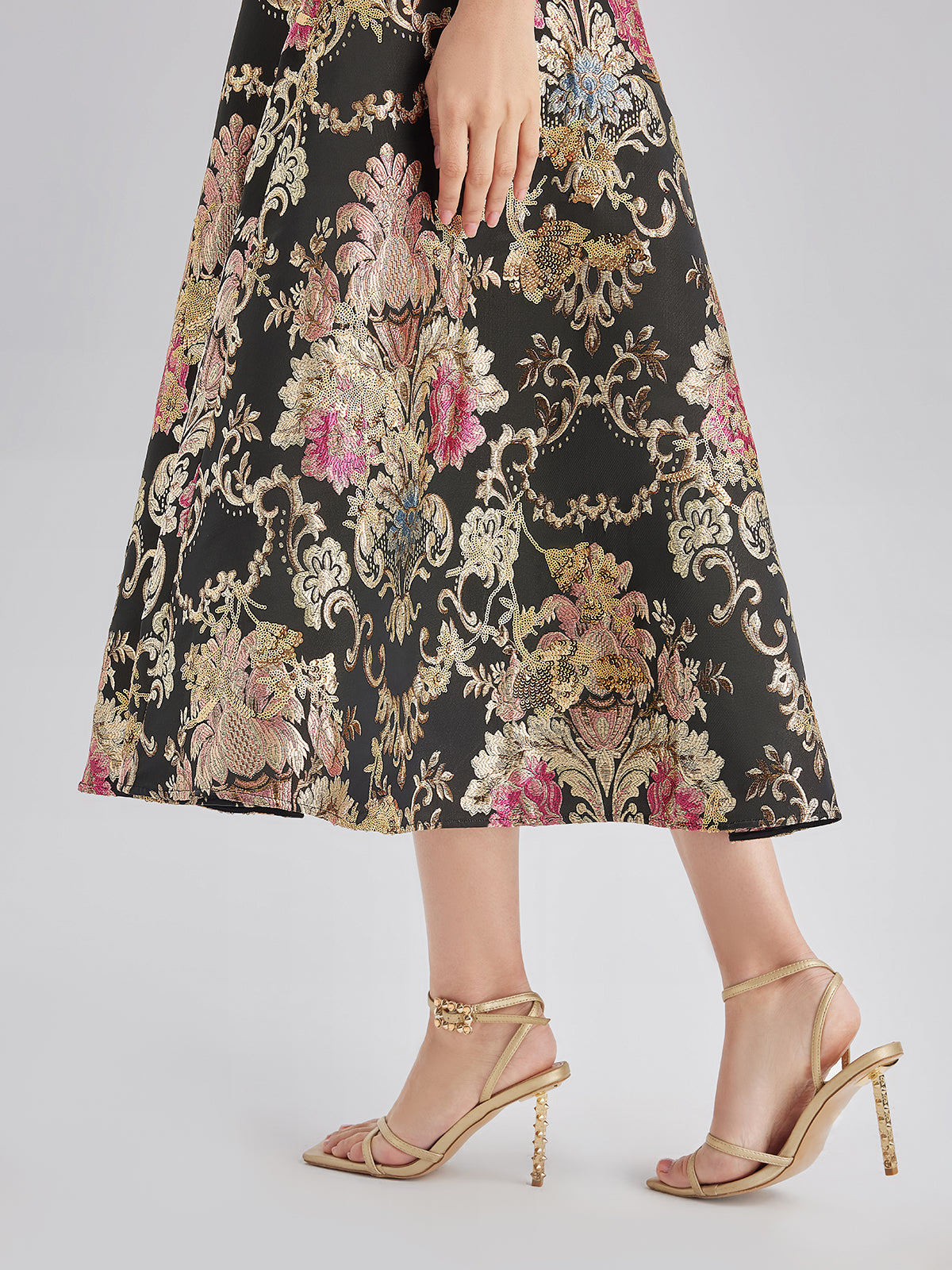 Vintage Metallic Embroidered Evening Gown Dress