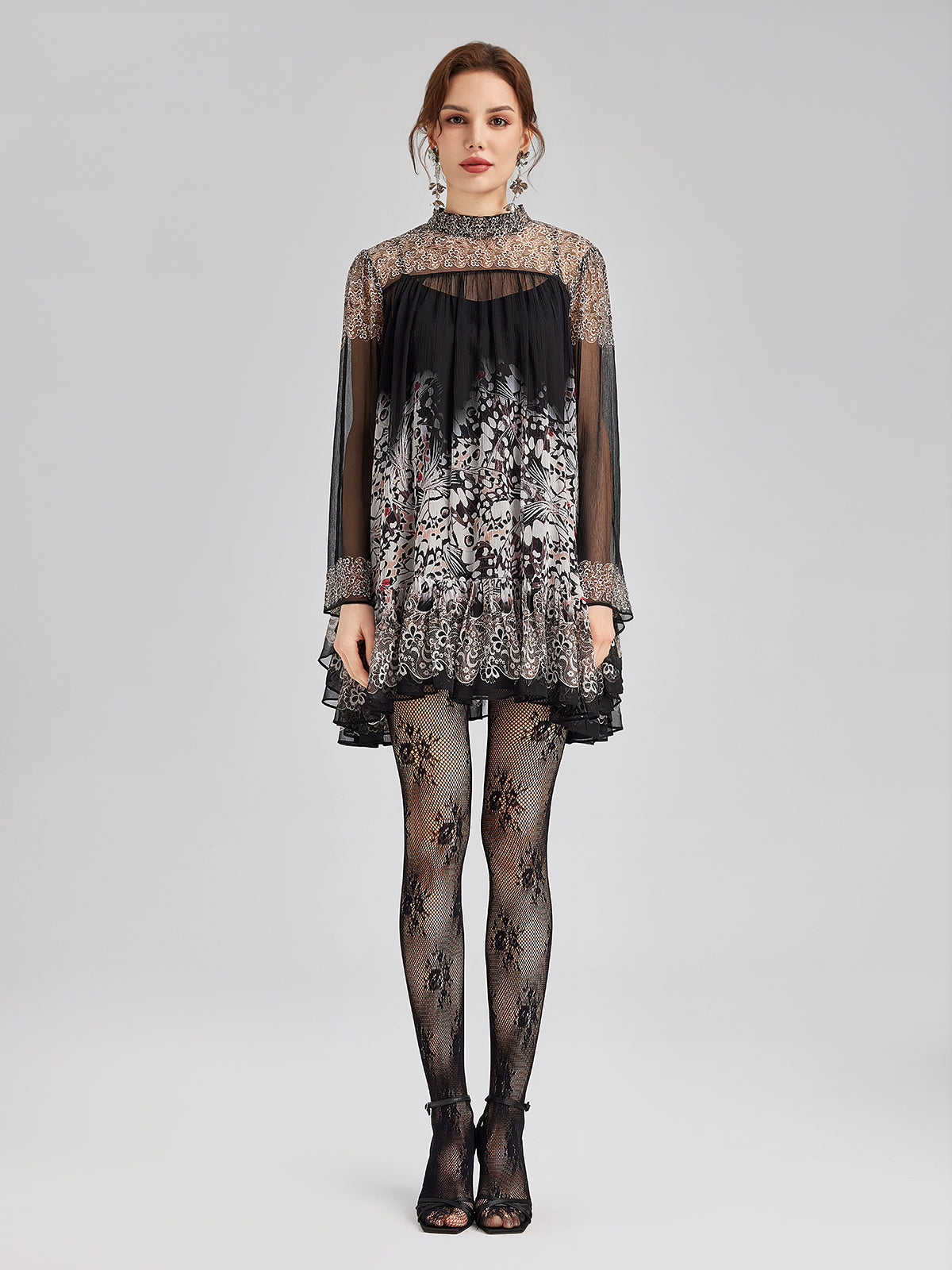 Silk Rhinestone-Embellished Baroque Print Dress