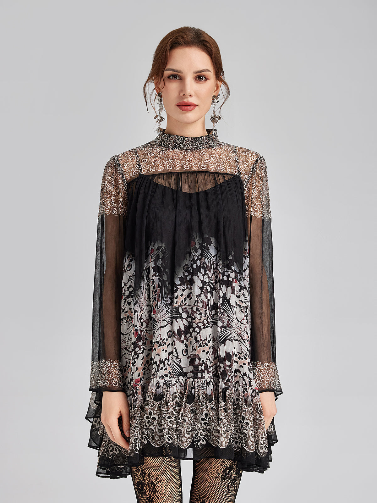 Silk Rhinestone-Embellished Baroque Print Dress