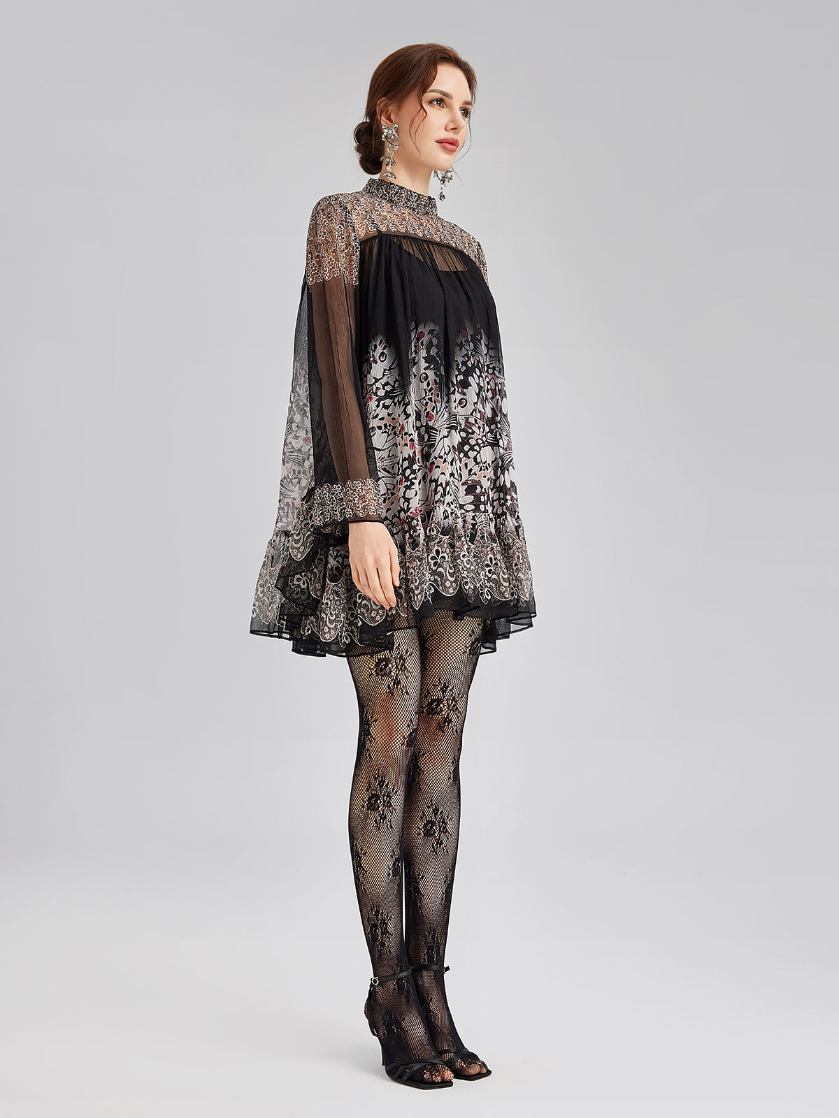 Silk Rhinestone-Embellished Baroque Print Dress