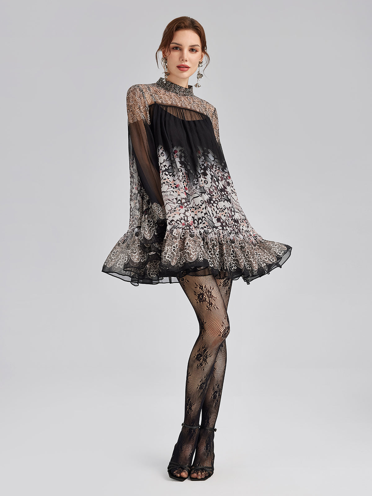Silk Rhinestone-Embellished Baroque Print Dress