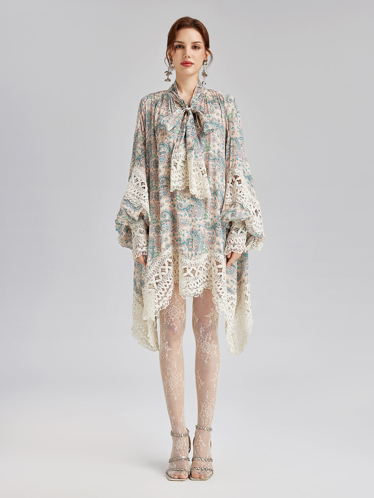 Linen Paisley Print Lace Dress