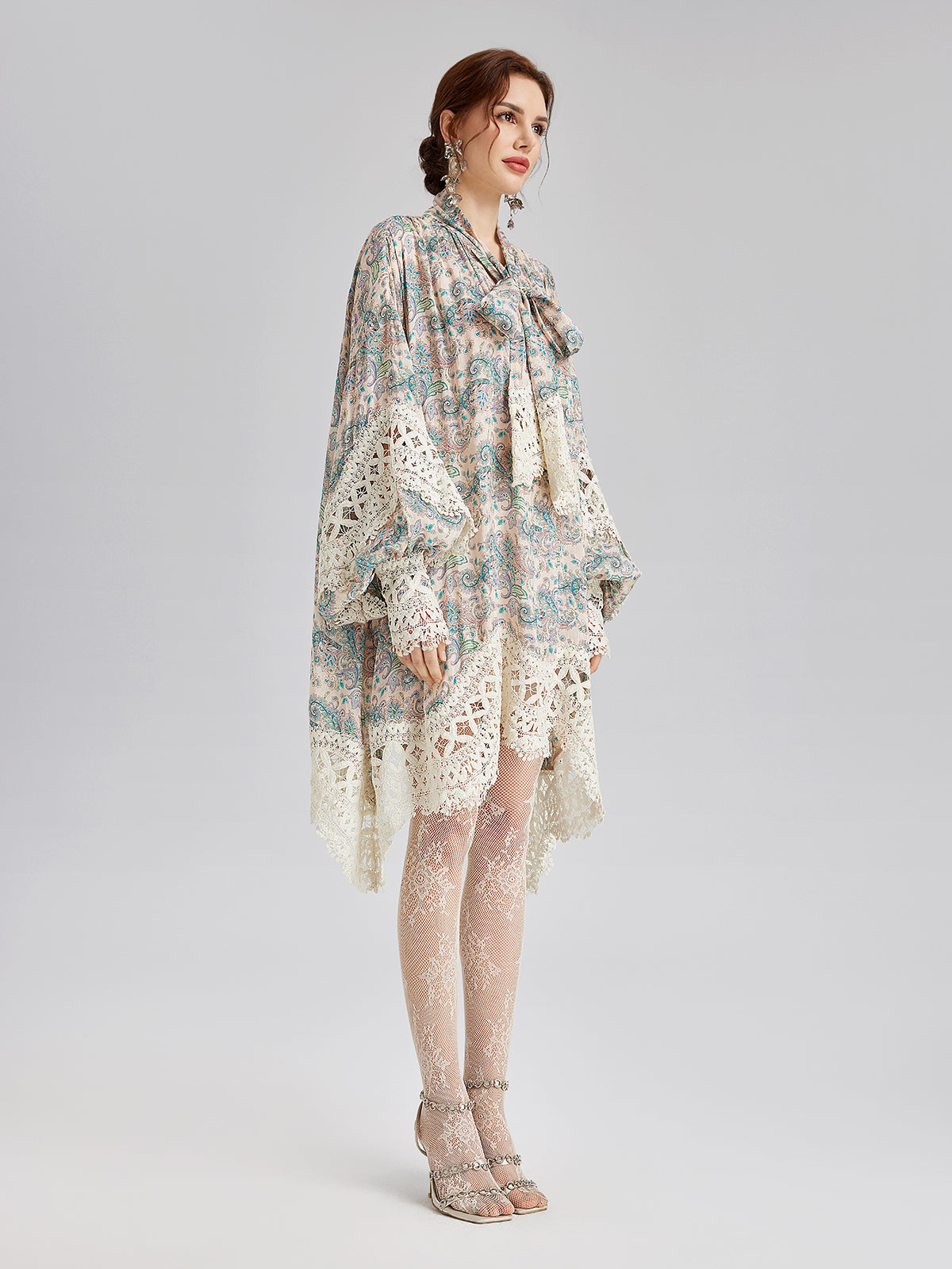 Linen Paisley Print Lace Dress