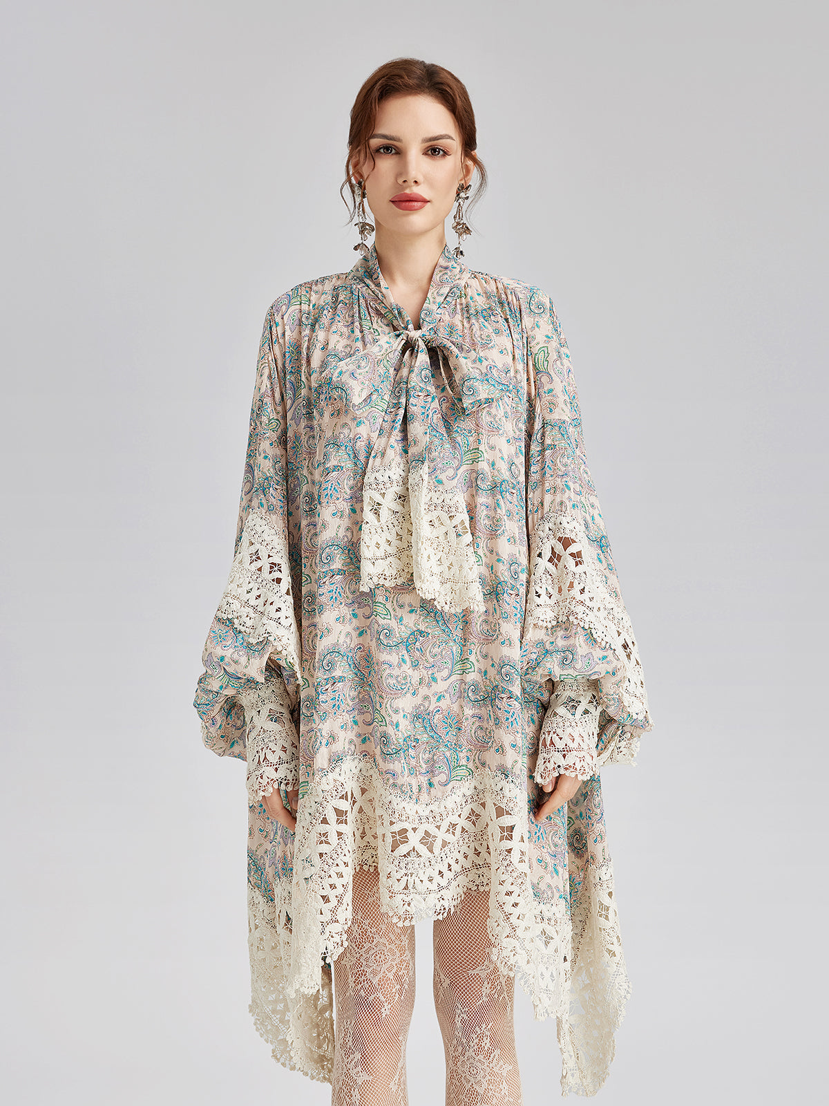 Linen Paisley Print Lace Dress