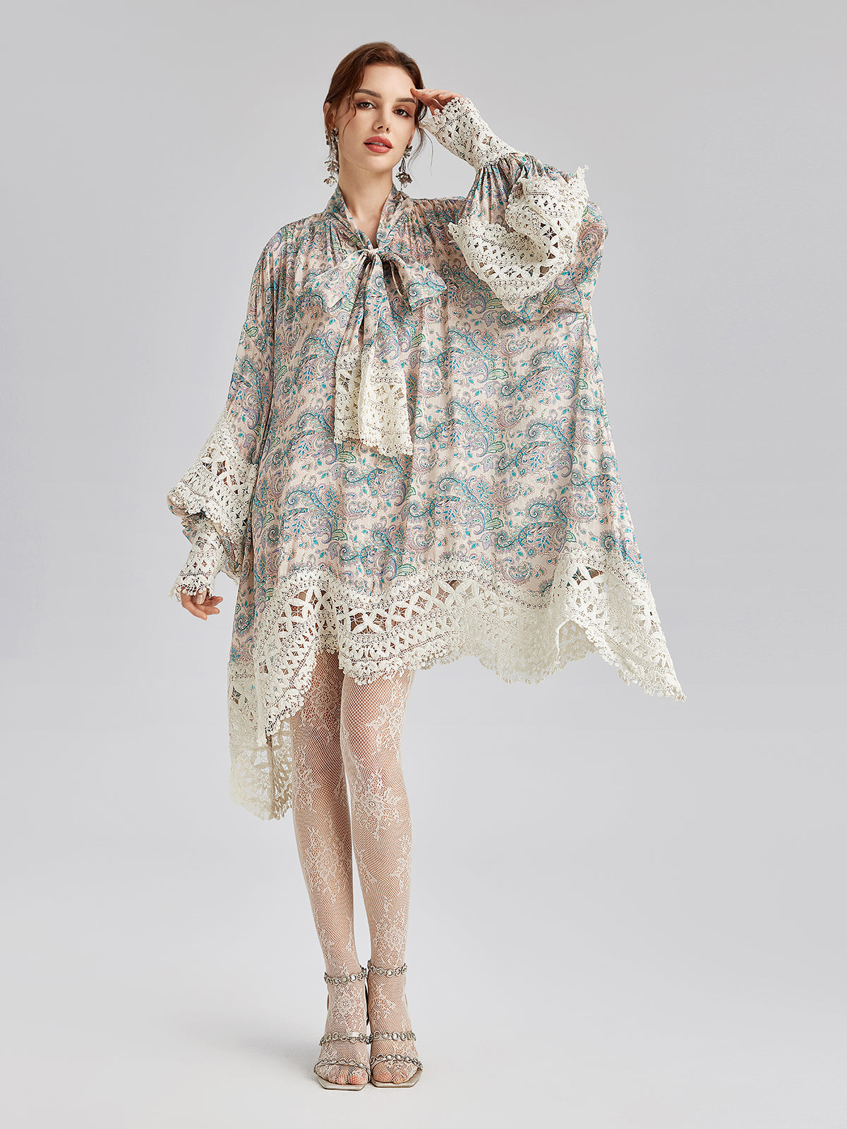 Linen Paisley Print Lace Dress