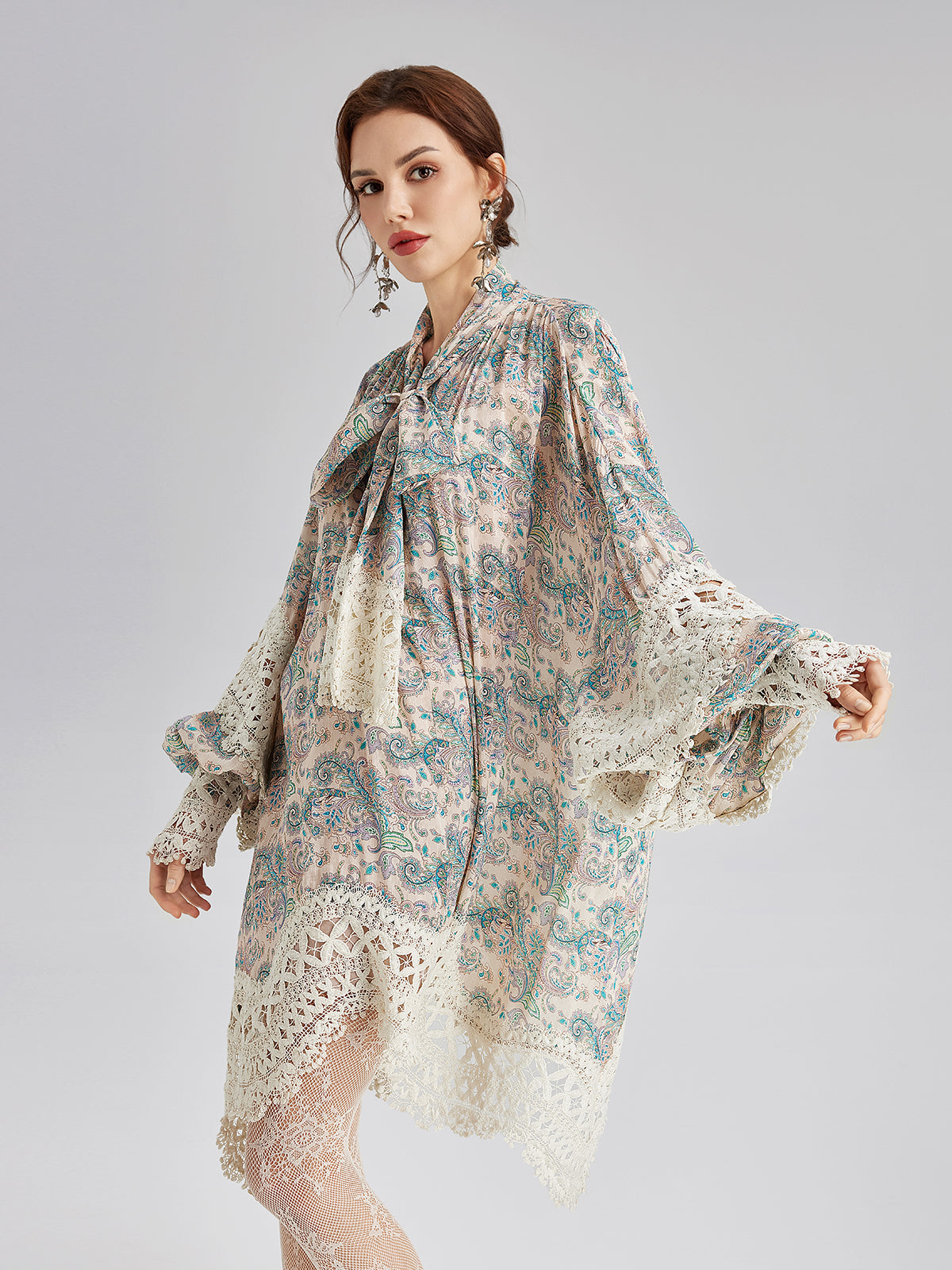 Linen Paisley Print Lace Dress