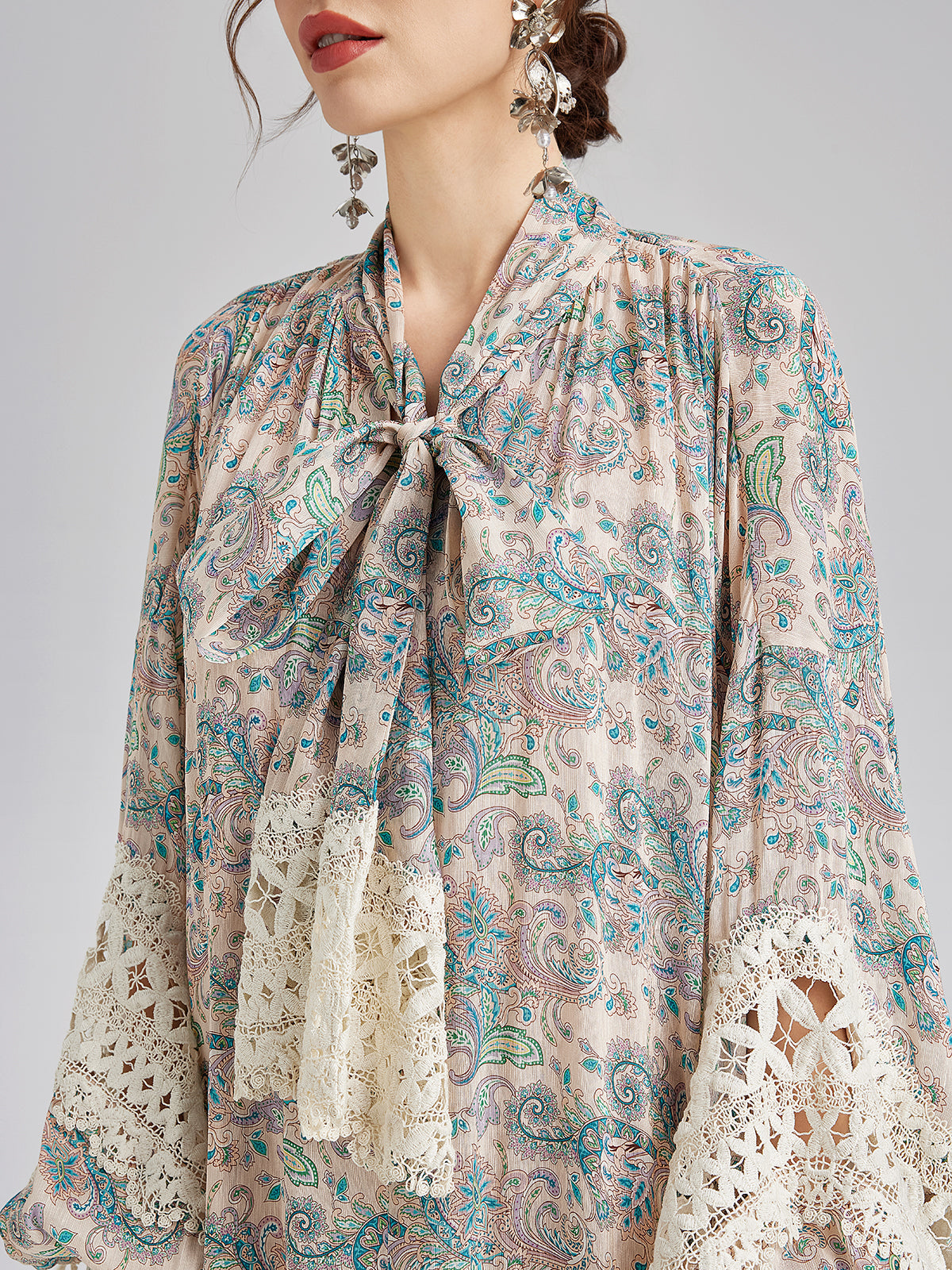 Linen Paisley Print Lace Dress
