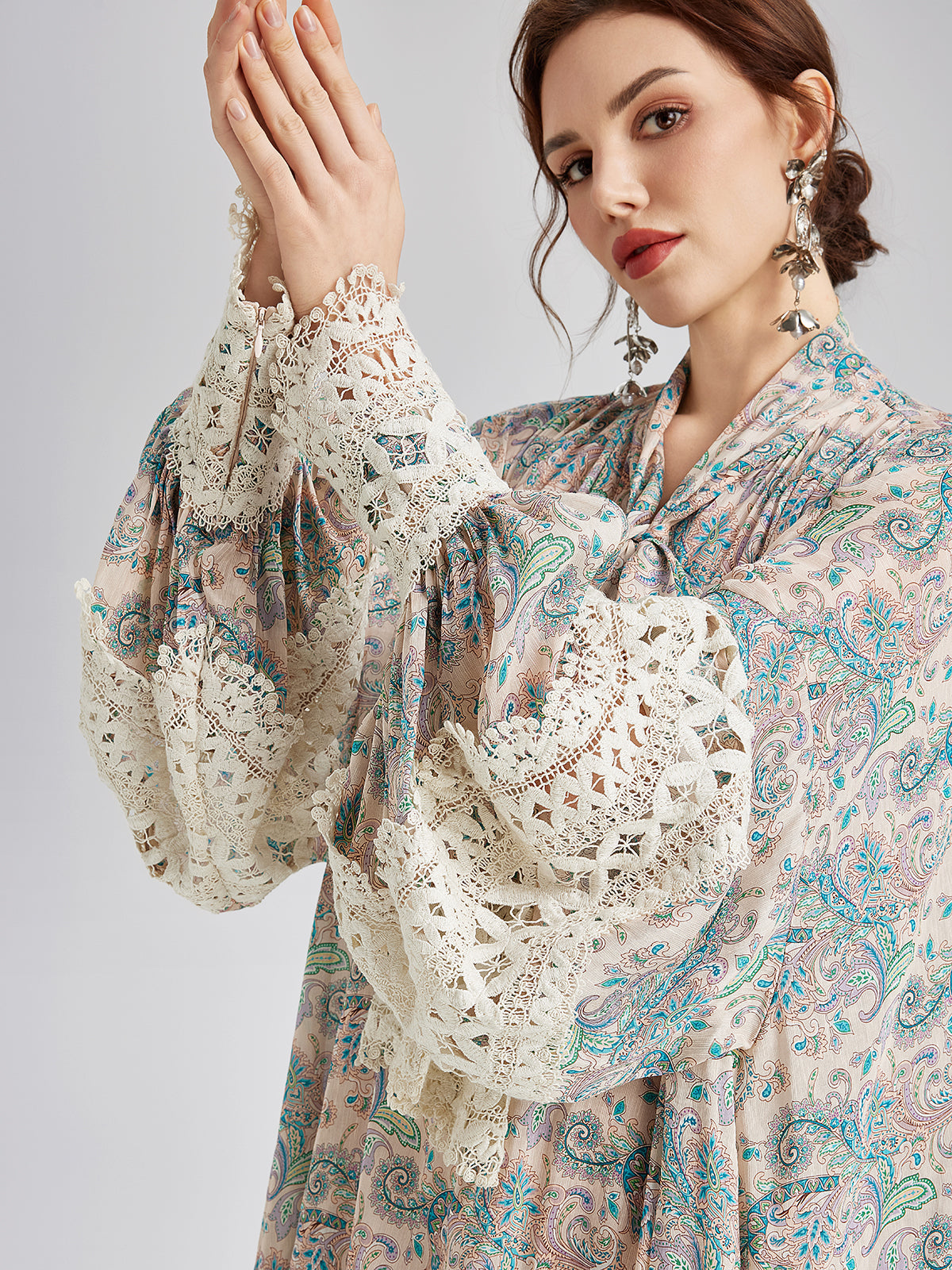 Linen Paisley Print Lace Dress