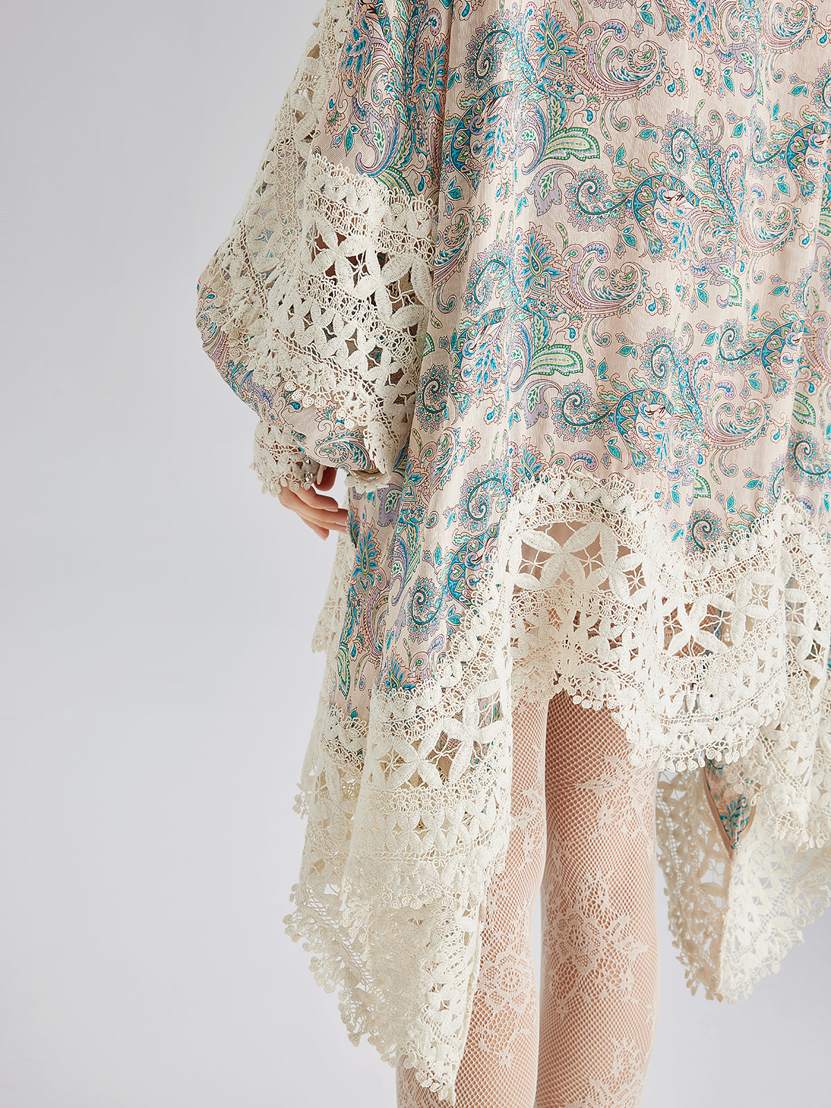 Linen Paisley Print Lace Dress