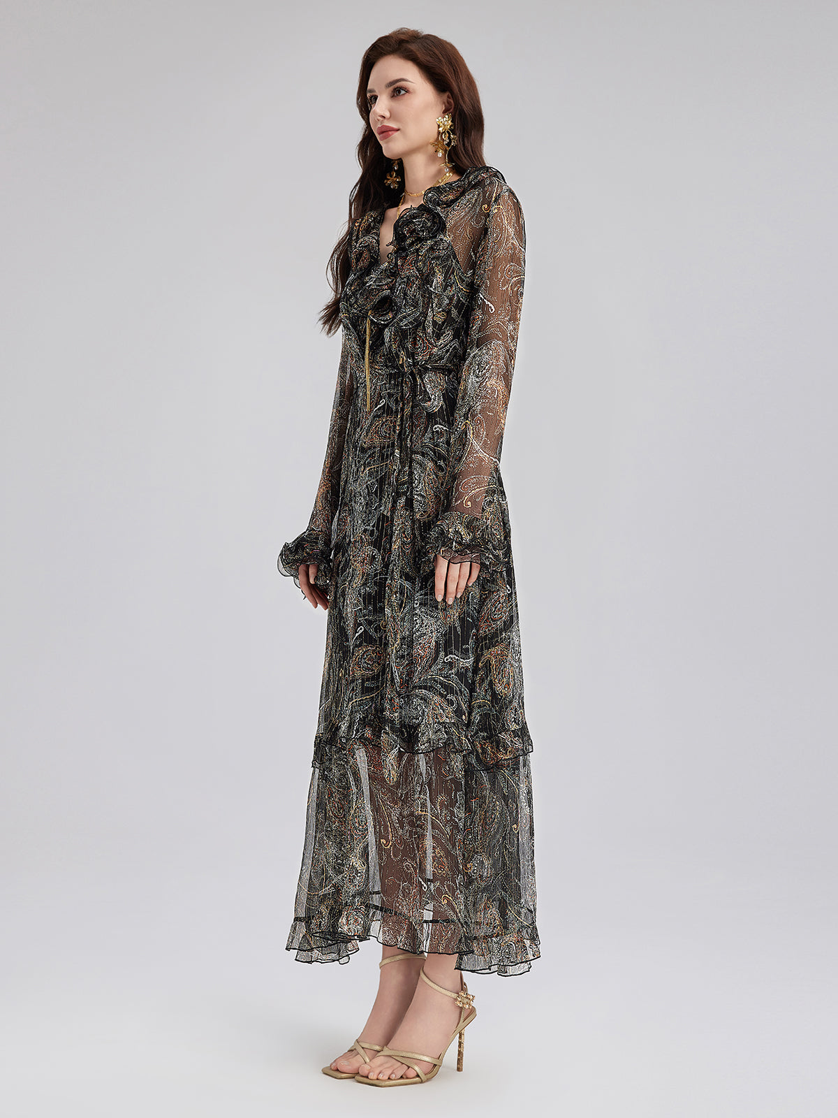 Cashew Flower Ruffle V-Neck Silk Dress