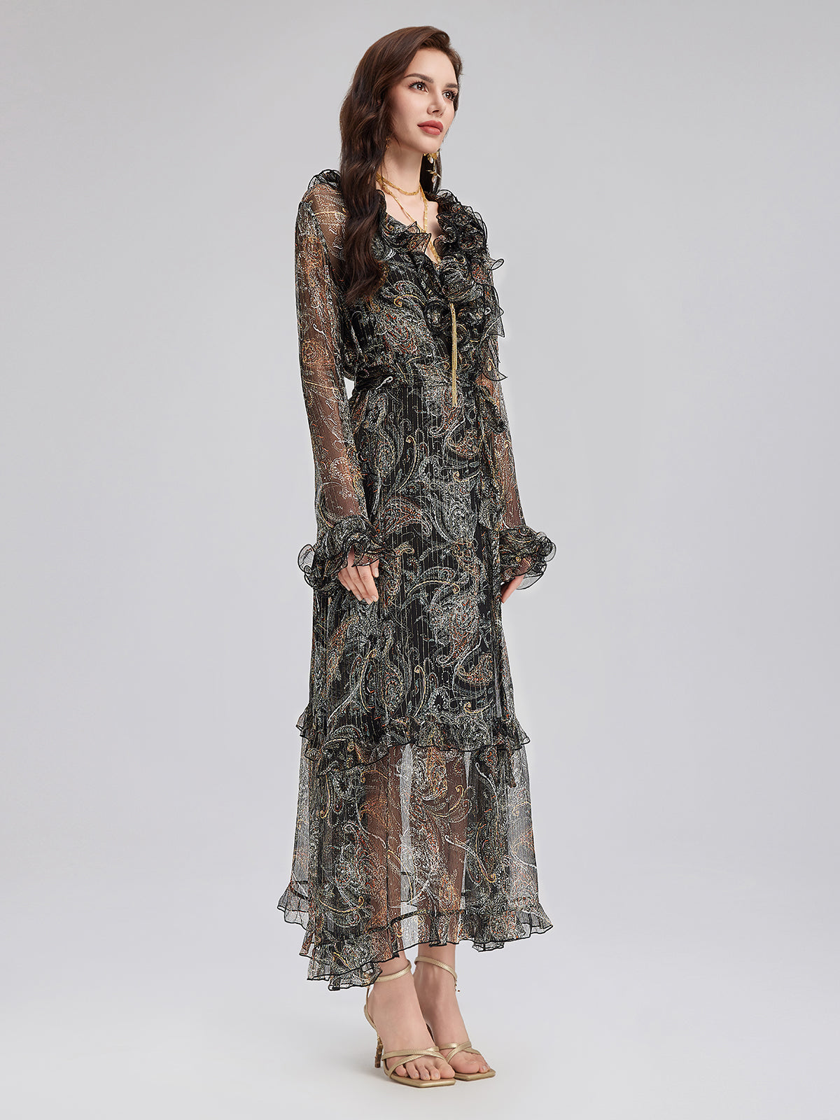 Cashew Flower Ruffle V-Neck Silk Dress