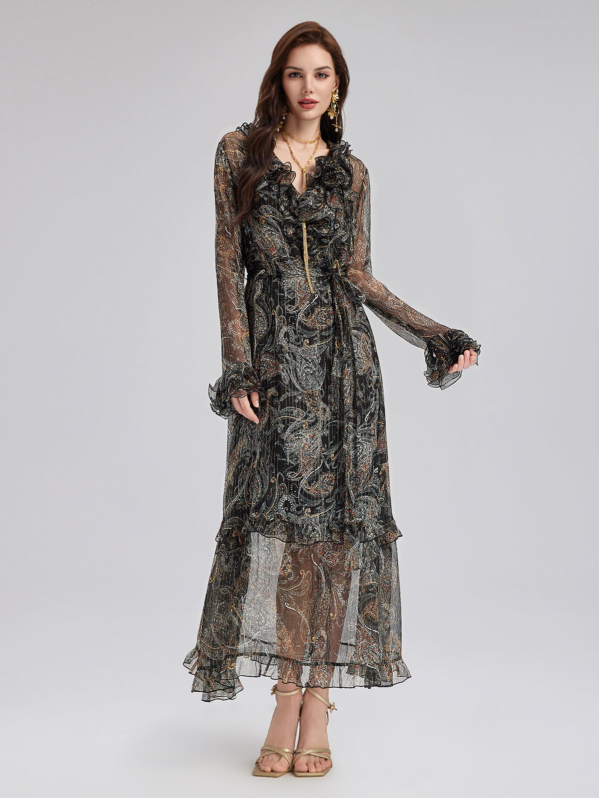 Cashew Flower Ruffle V-Neck Silk Dress