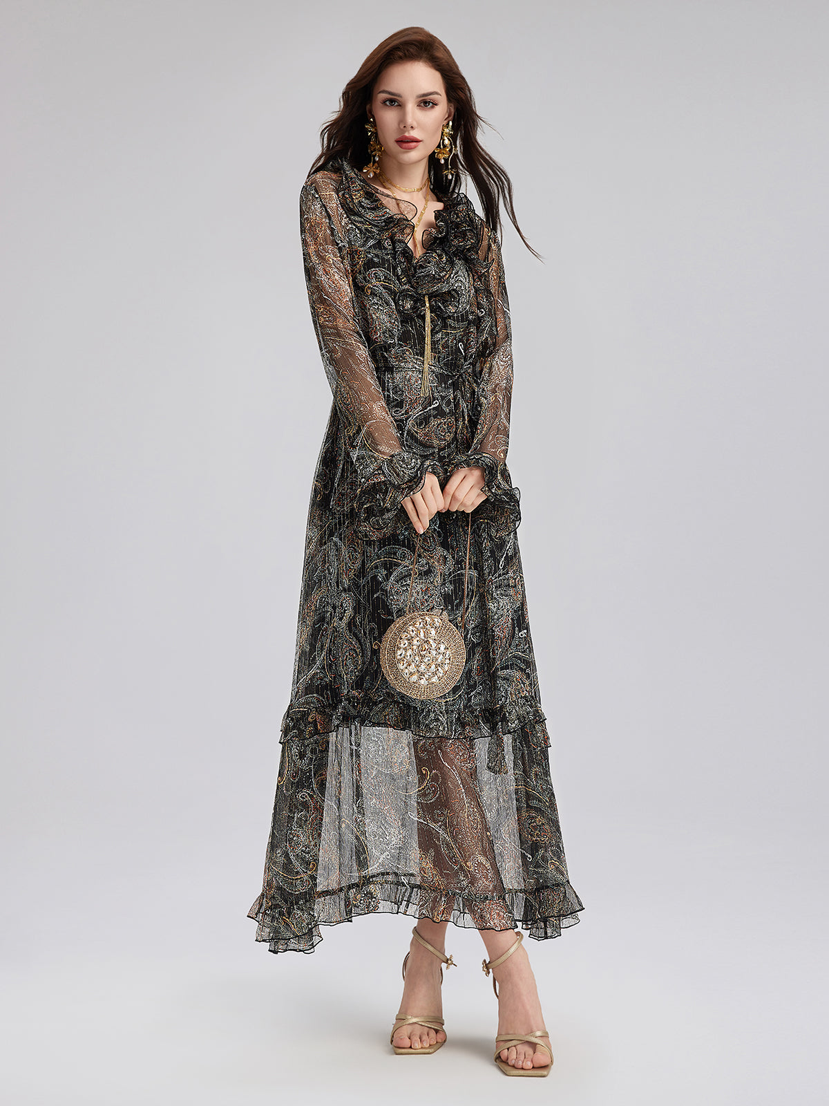 Cashew Flower Ruffle V-Neck Silk Dress