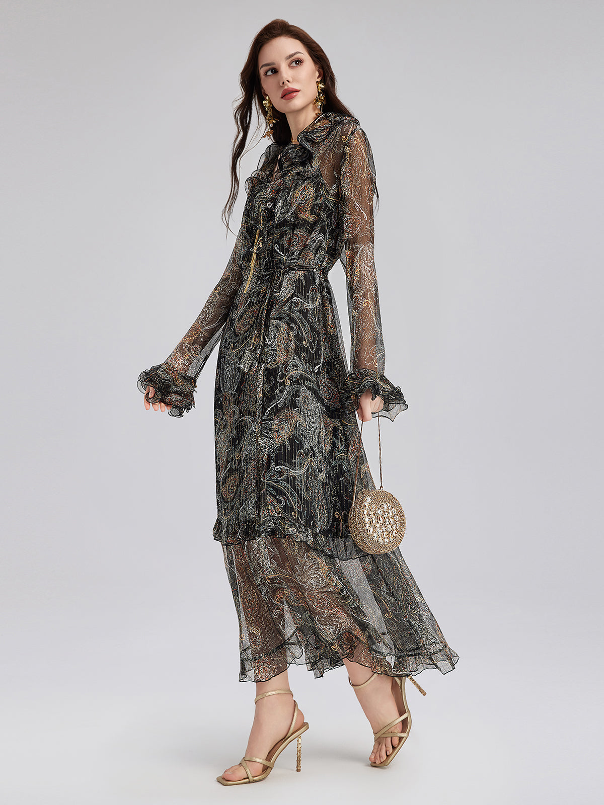 Cashew Flower Ruffle V-Neck Silk Dress