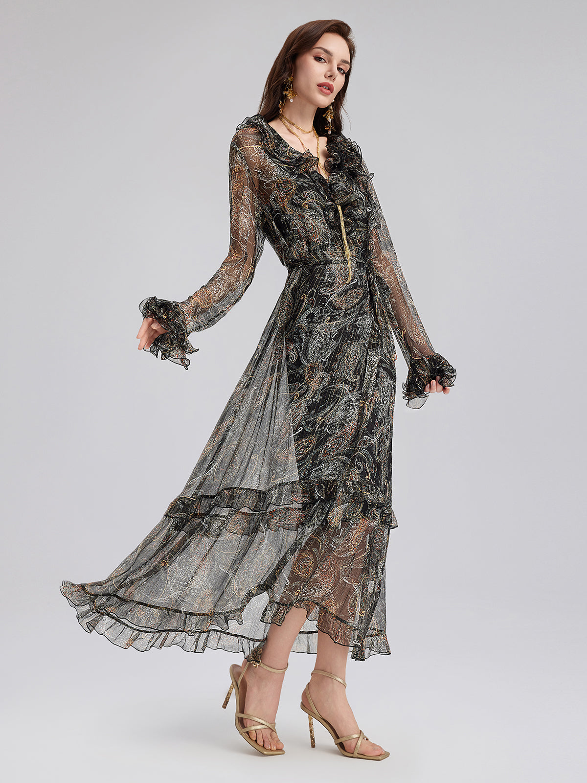 Cashew Flower Ruffle V-Neck Silk Dress