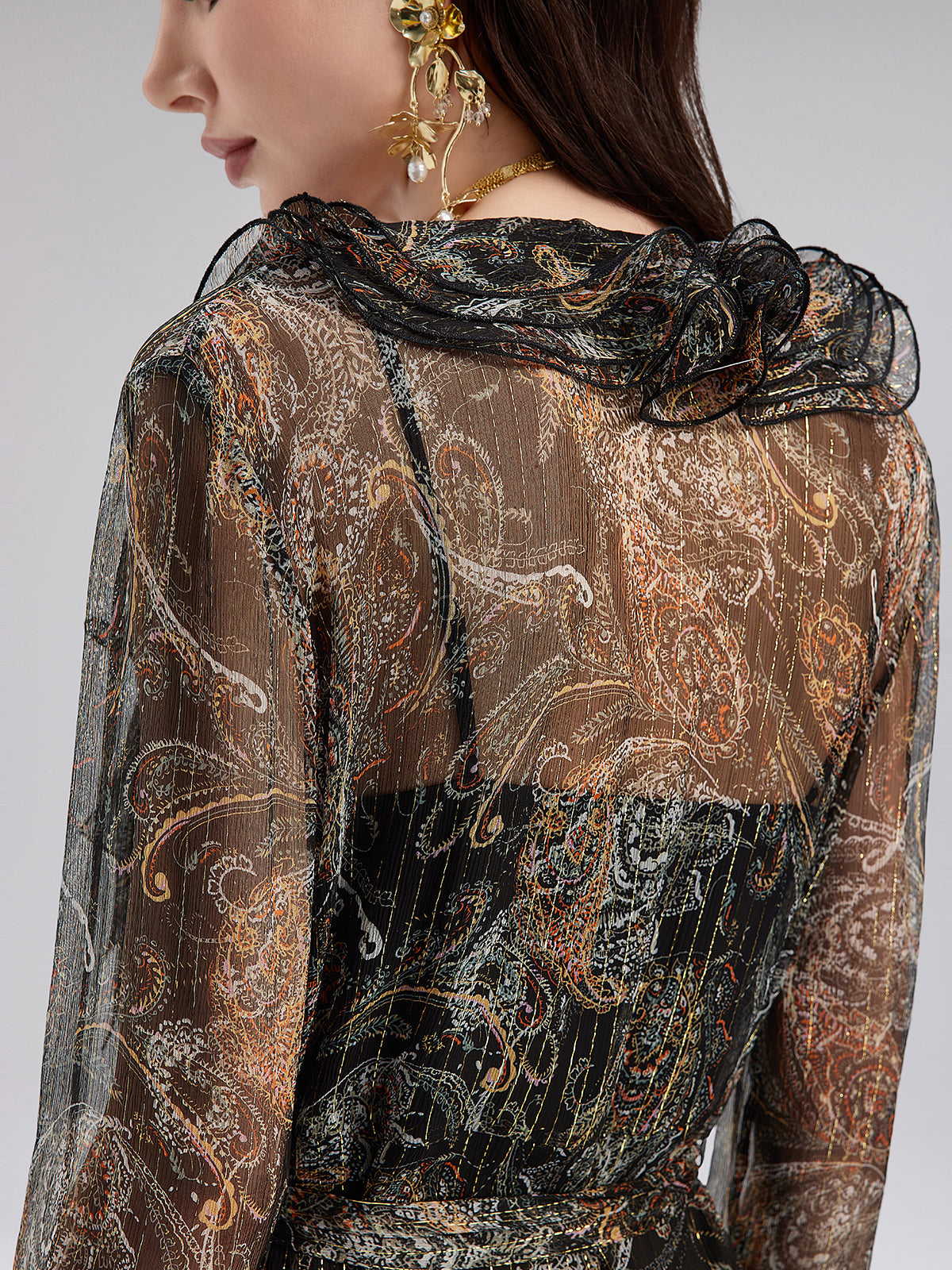Cashew Flower Ruffle V-Neck Silk Dress