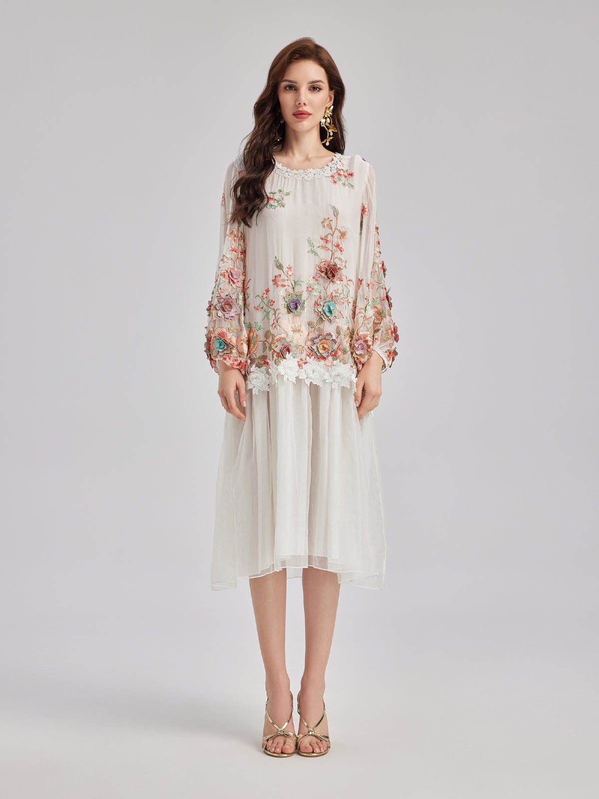 Silk Embroidered Floral Tiered Dress