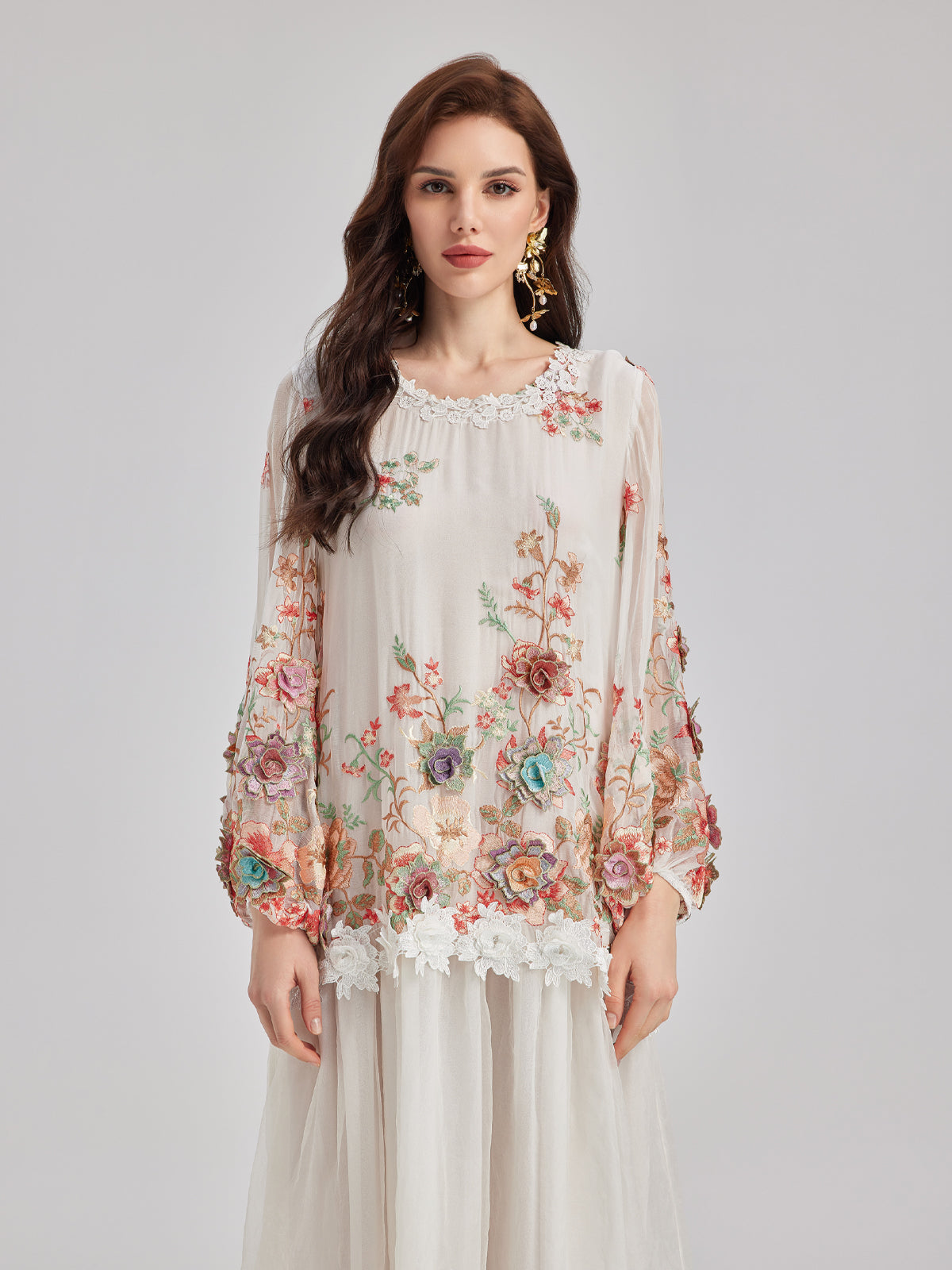 Silk Embroidered Floral Tiered Dress