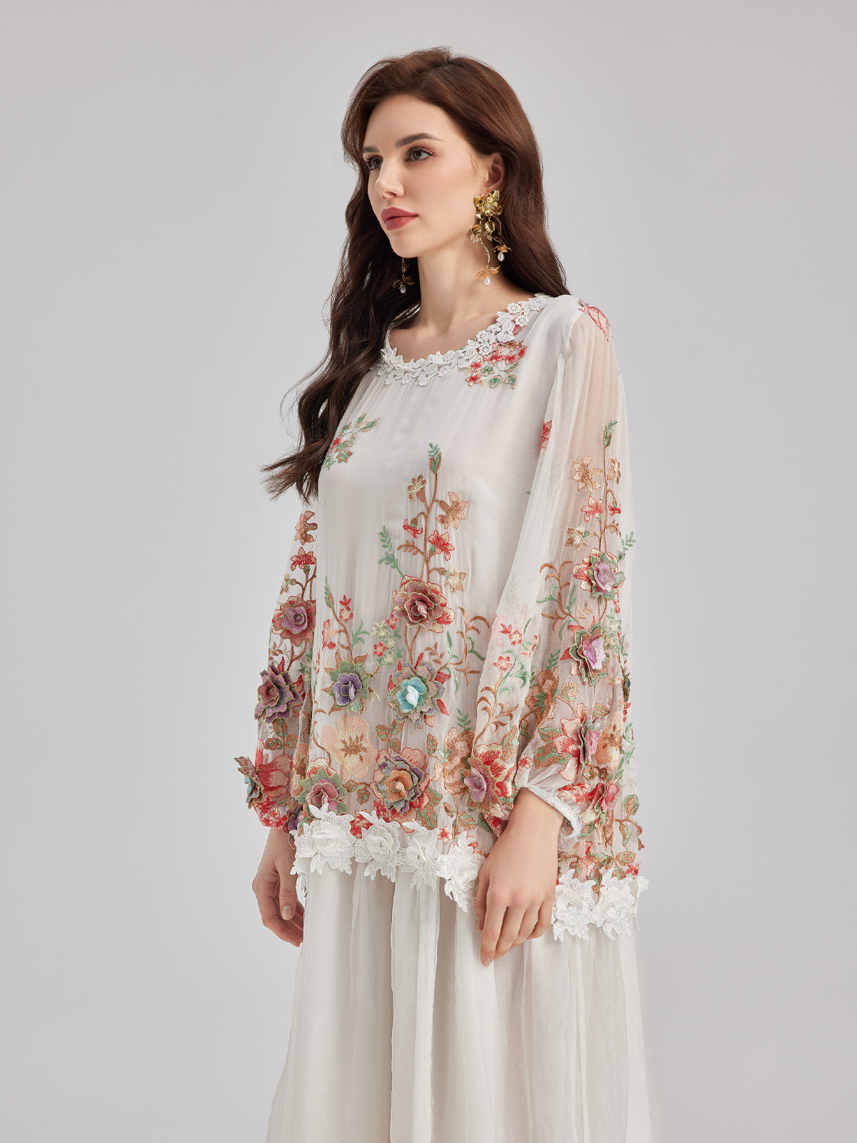 Silk Embroidered Floral Tiered Dress