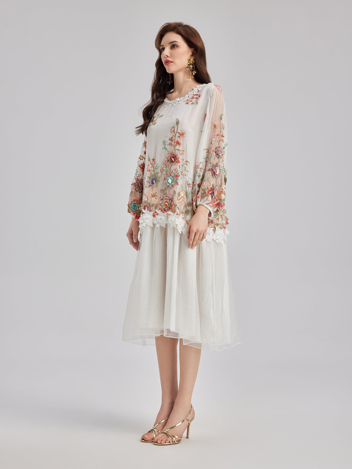 Silk Embroidered Floral Tiered Dress