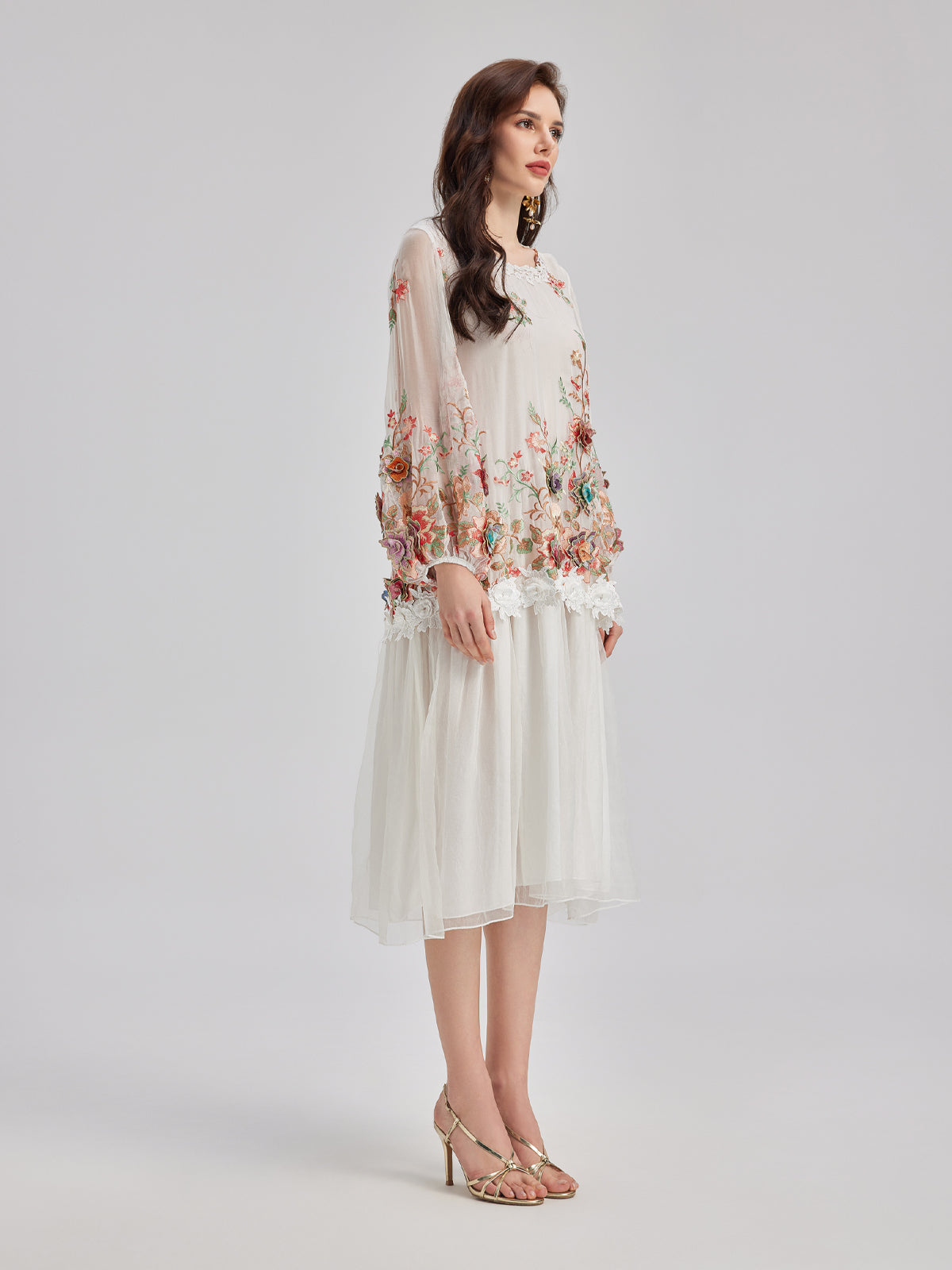 Silk Embroidered Floral Tiered Dress