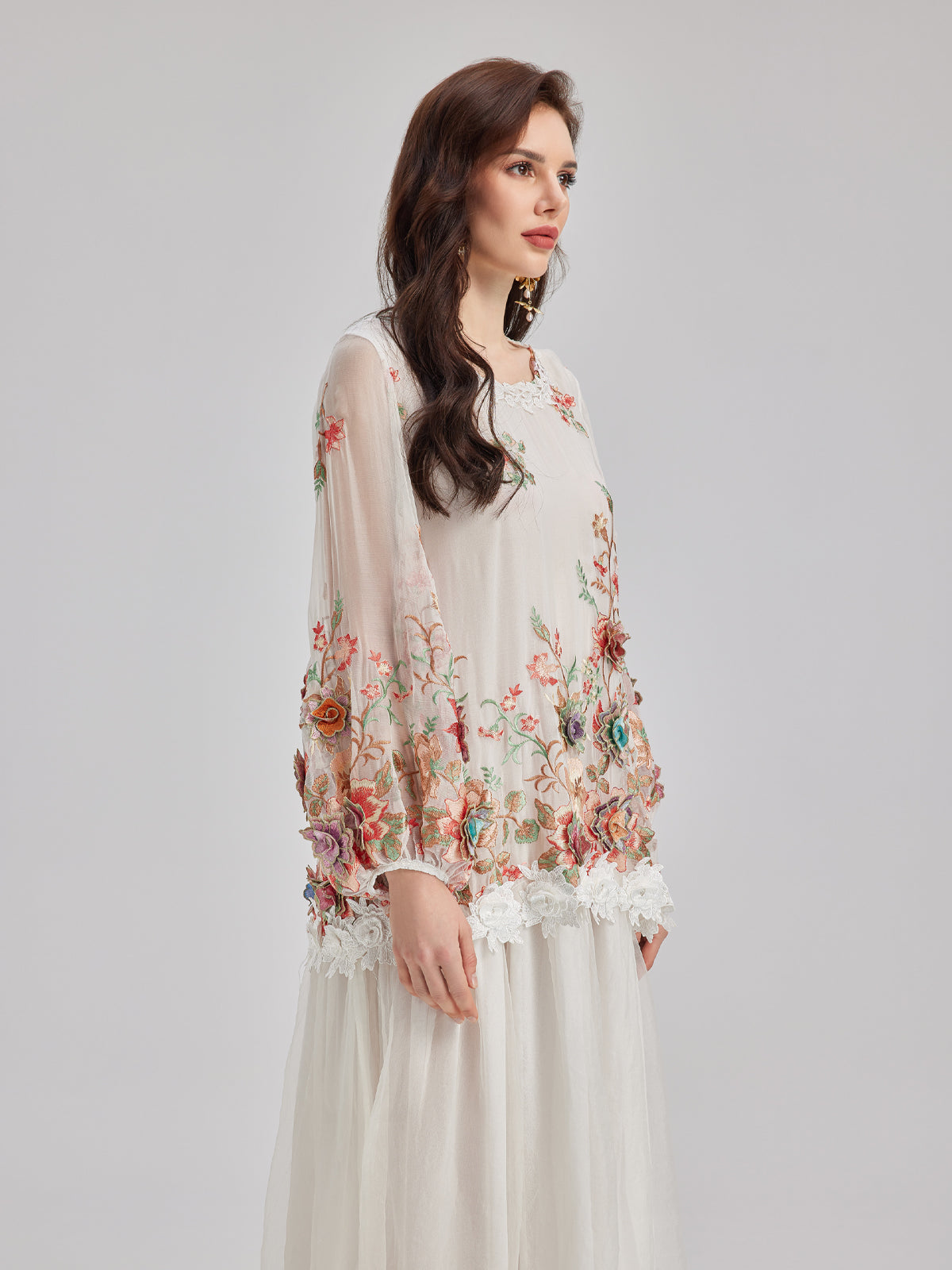 Silk Embroidered Floral Tiered Dress