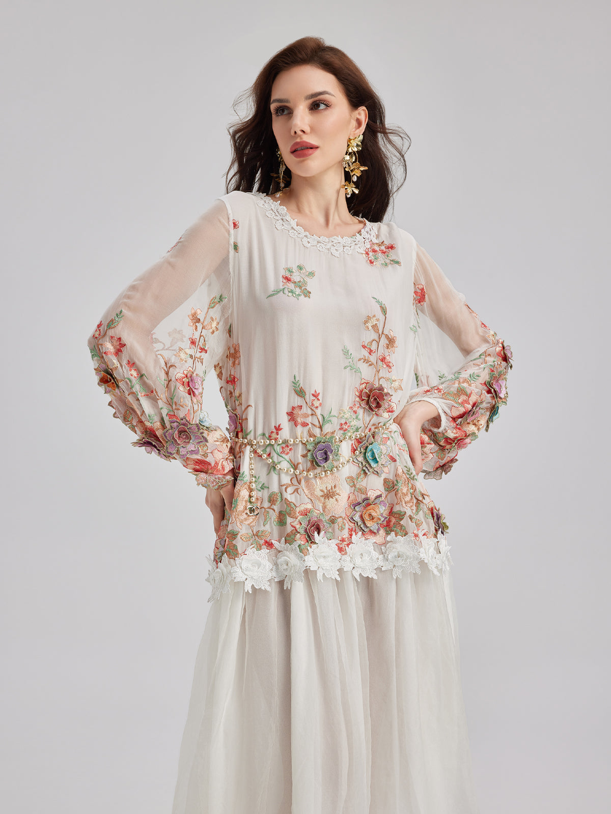 Silk Embroidered Floral Tiered Dress