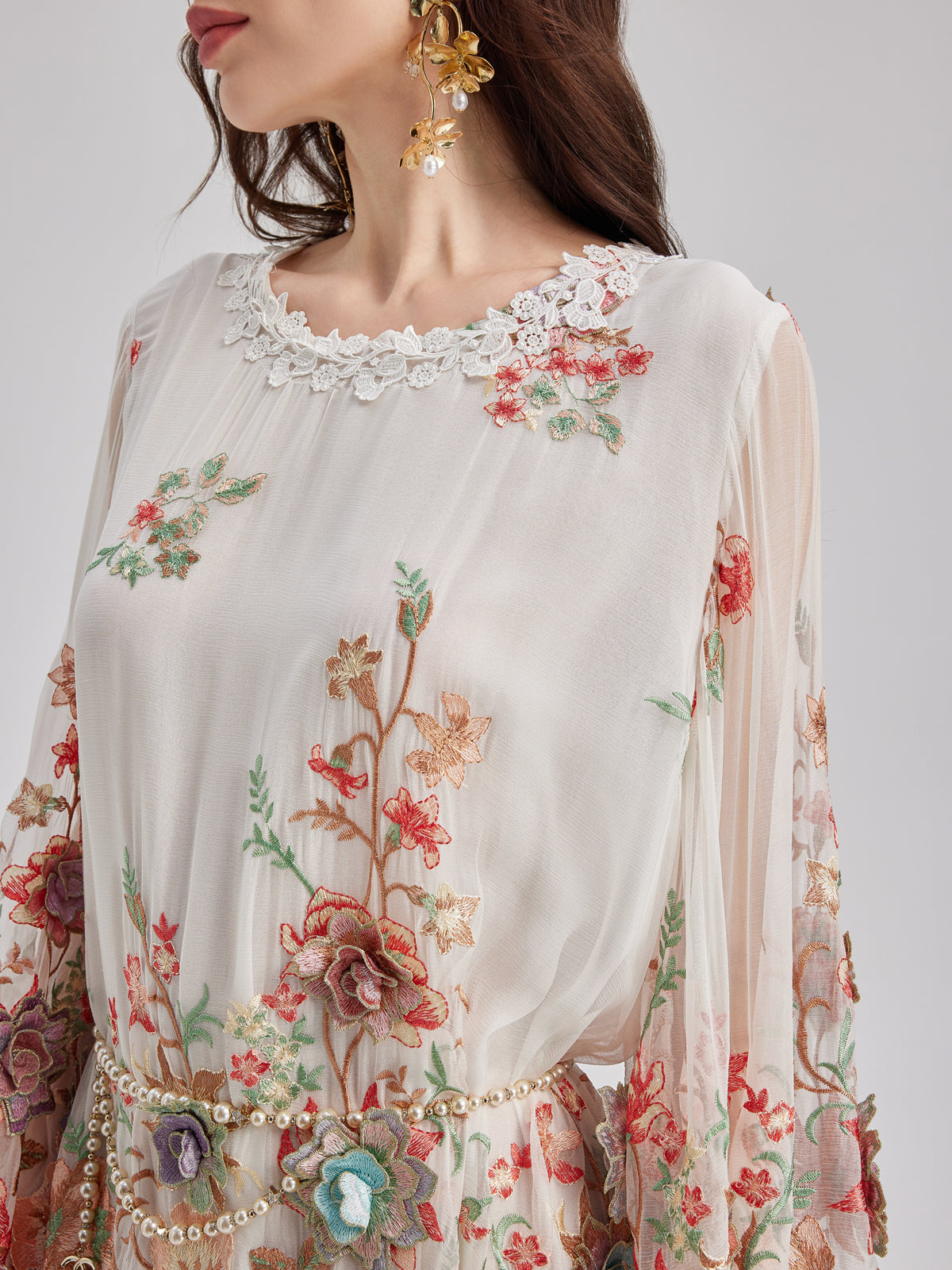 Silk Embroidered Floral Tiered Dress