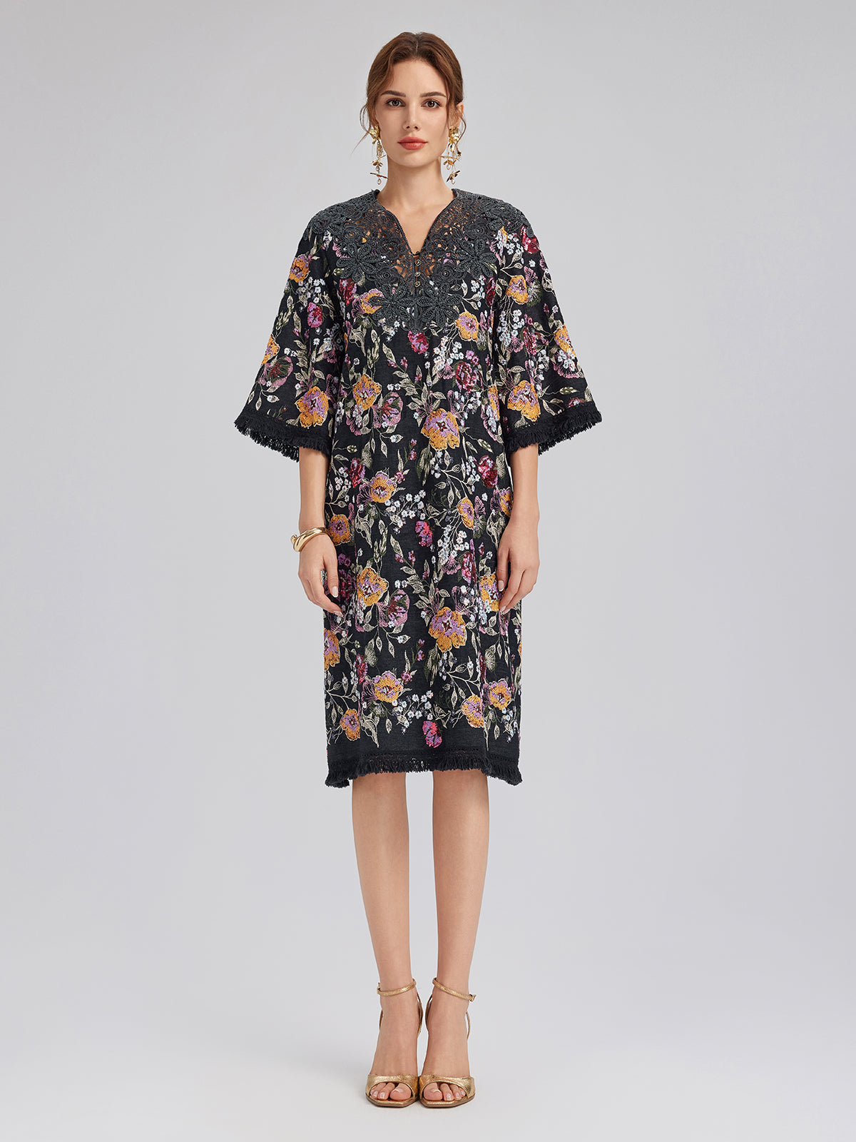 Sequin-Embroidered Raw-Edge V-Neck Dress
