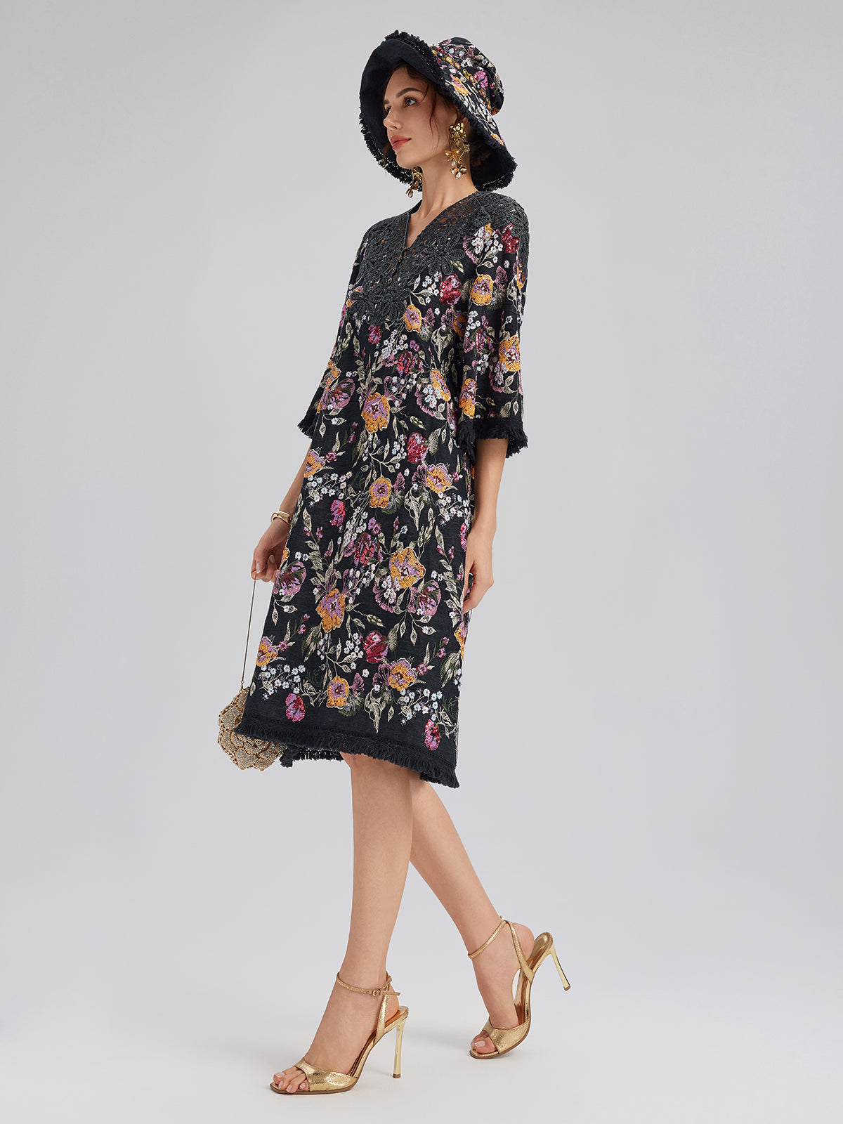 Sequin-Embroidered Raw-Edge V-Neck Dress