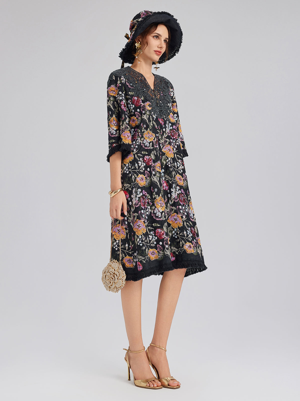 Sequin-Embroidered Raw-Edge V-Neck Dress