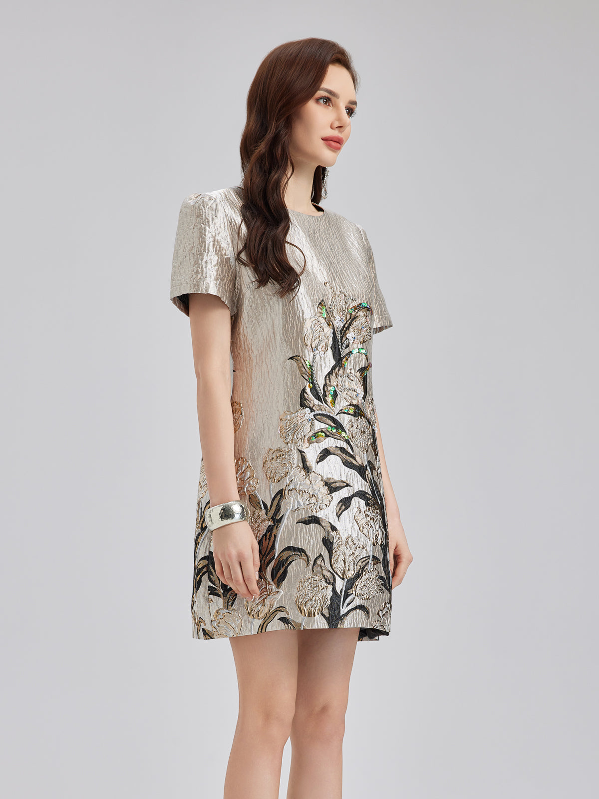 Luxe Bronzing Embroidered Floral Sequin Dress