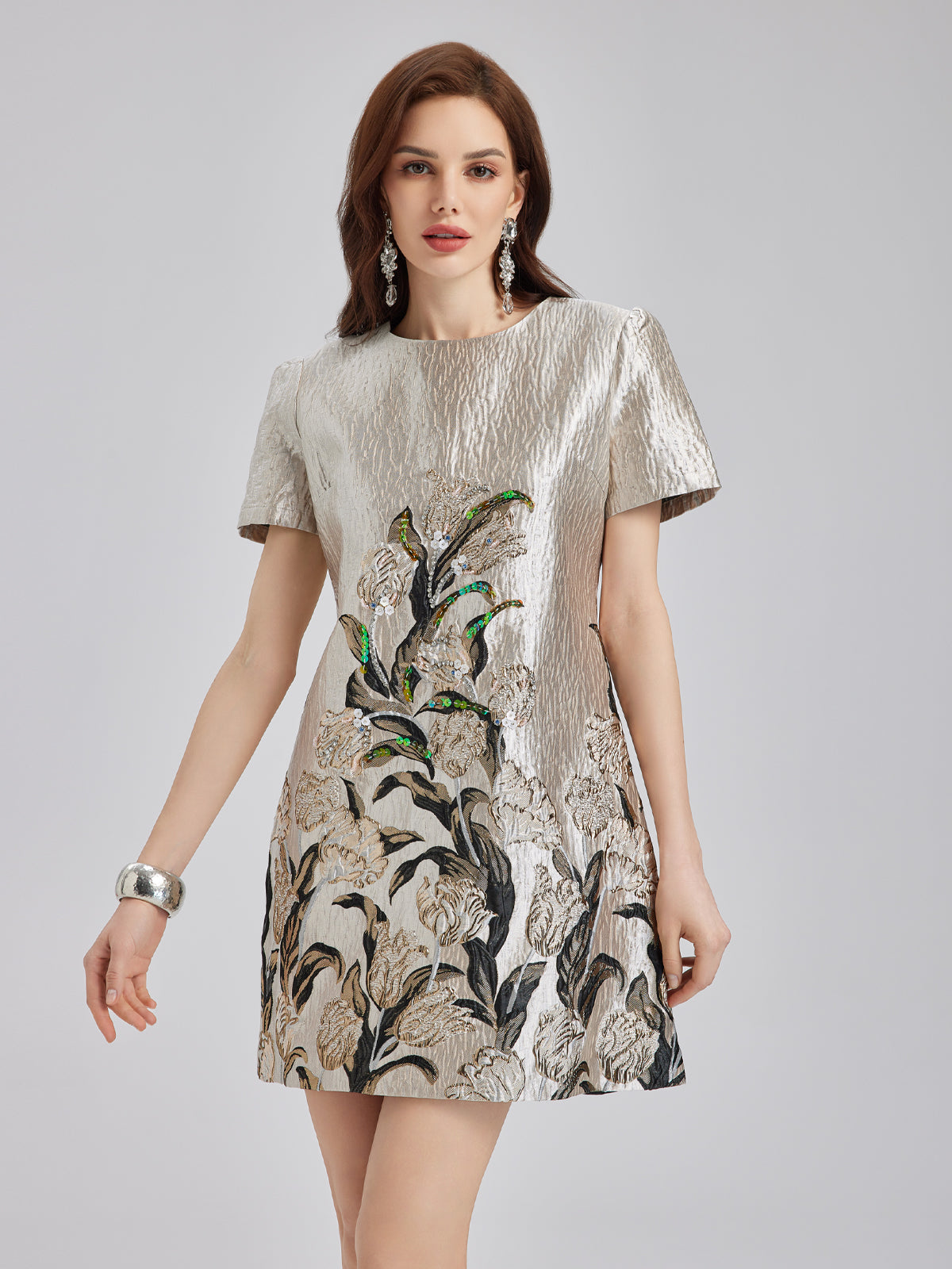 Luxe Bronzing Embroidered Floral Sequin Dress