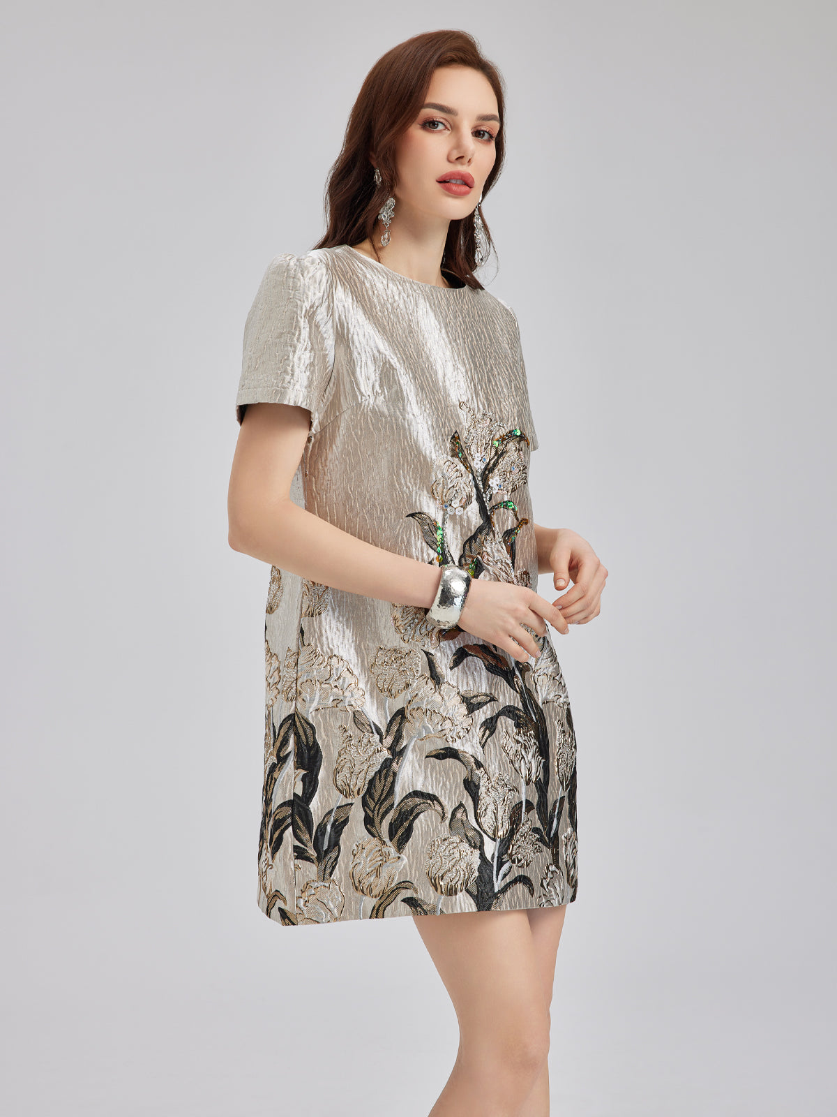 Luxe Bronzing Embroidered Floral Sequin Dress