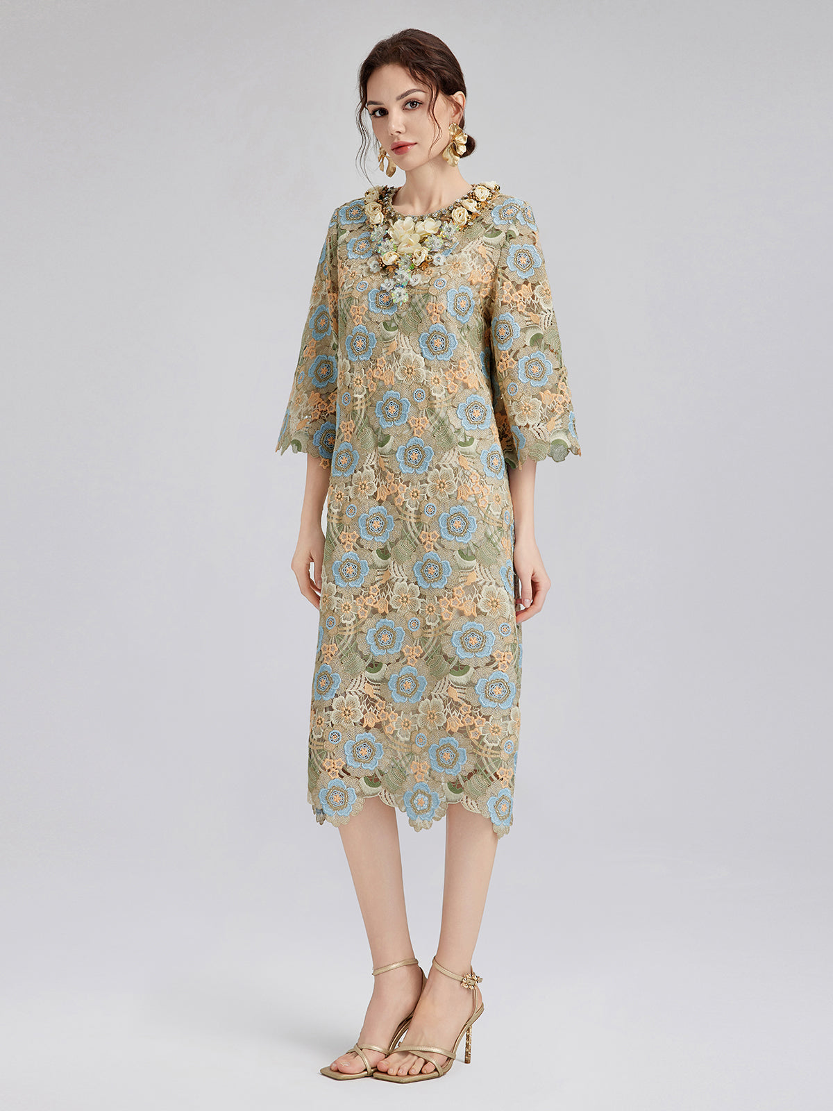 Beaded Multicolor Lace Baroque Dress