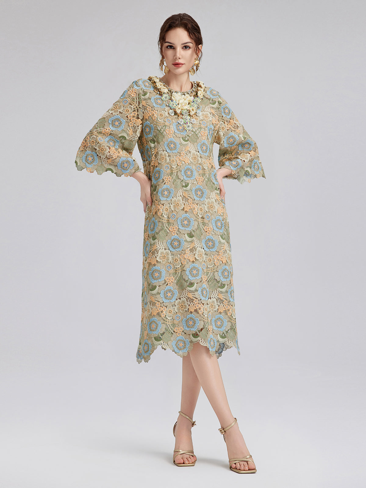 Beaded Multicolor Lace Baroque Dress