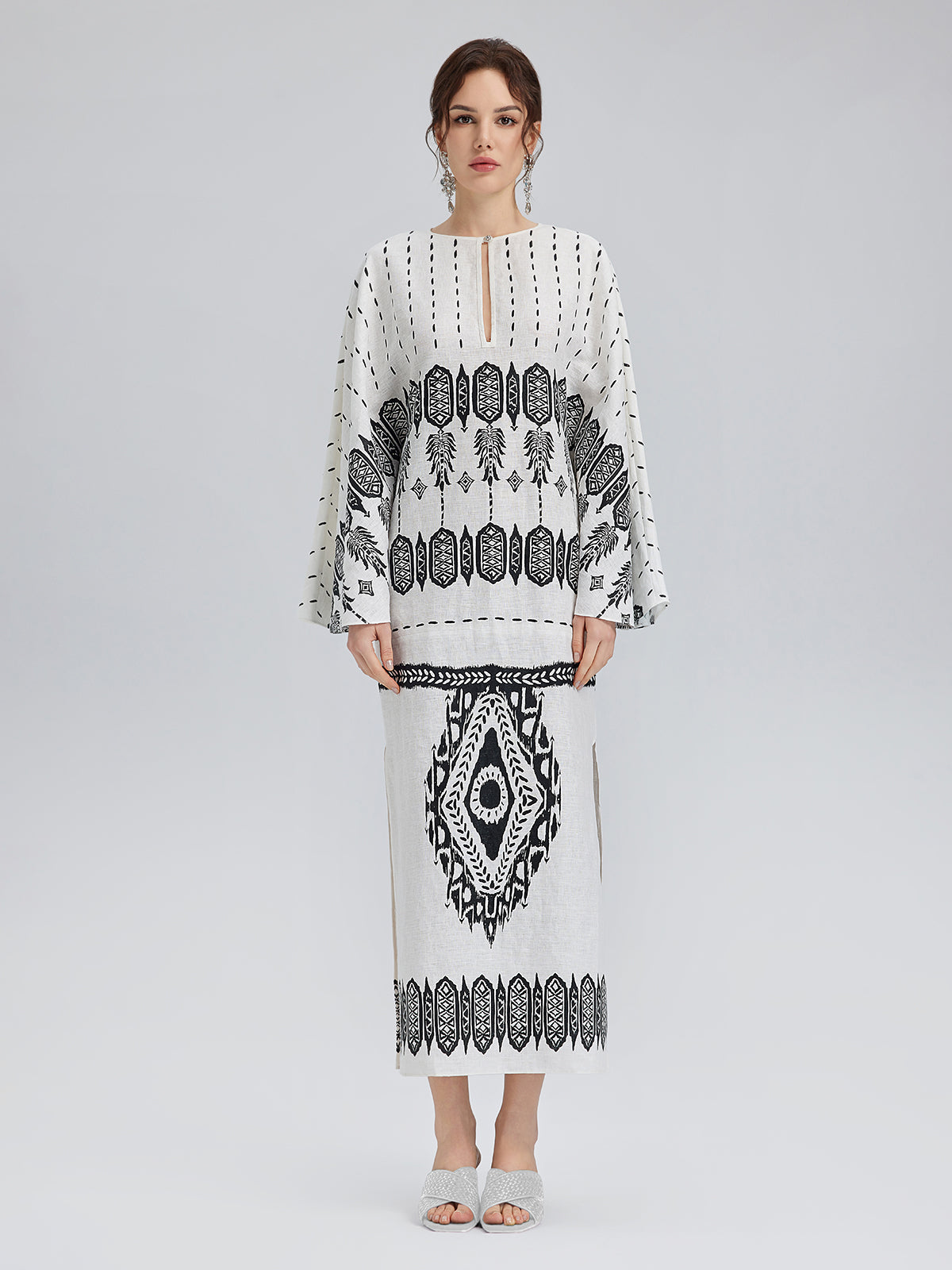 Linen Geometric Print Batwing Maxi Dress