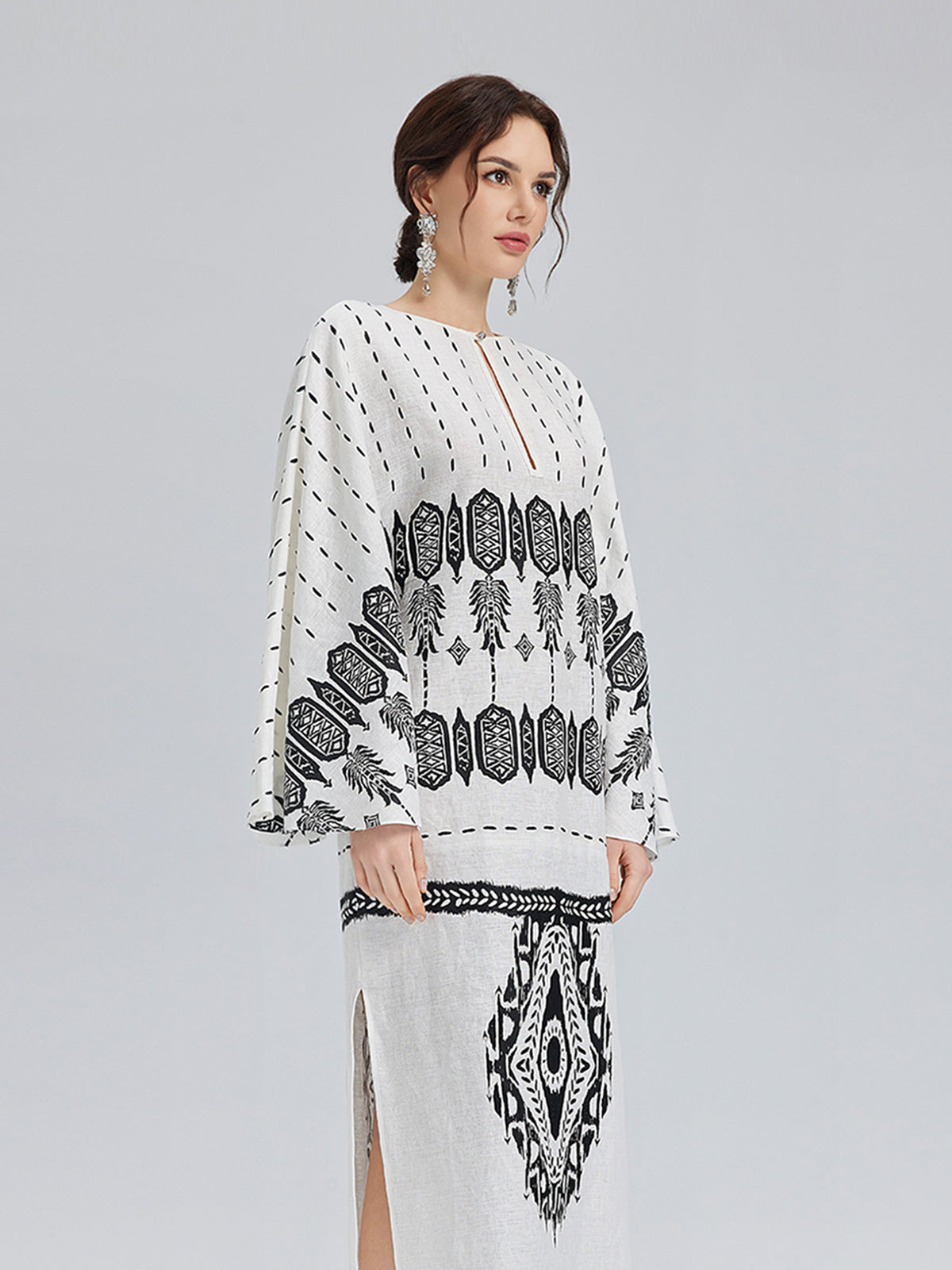 Linen Geometric Print Batwing Maxi Dress