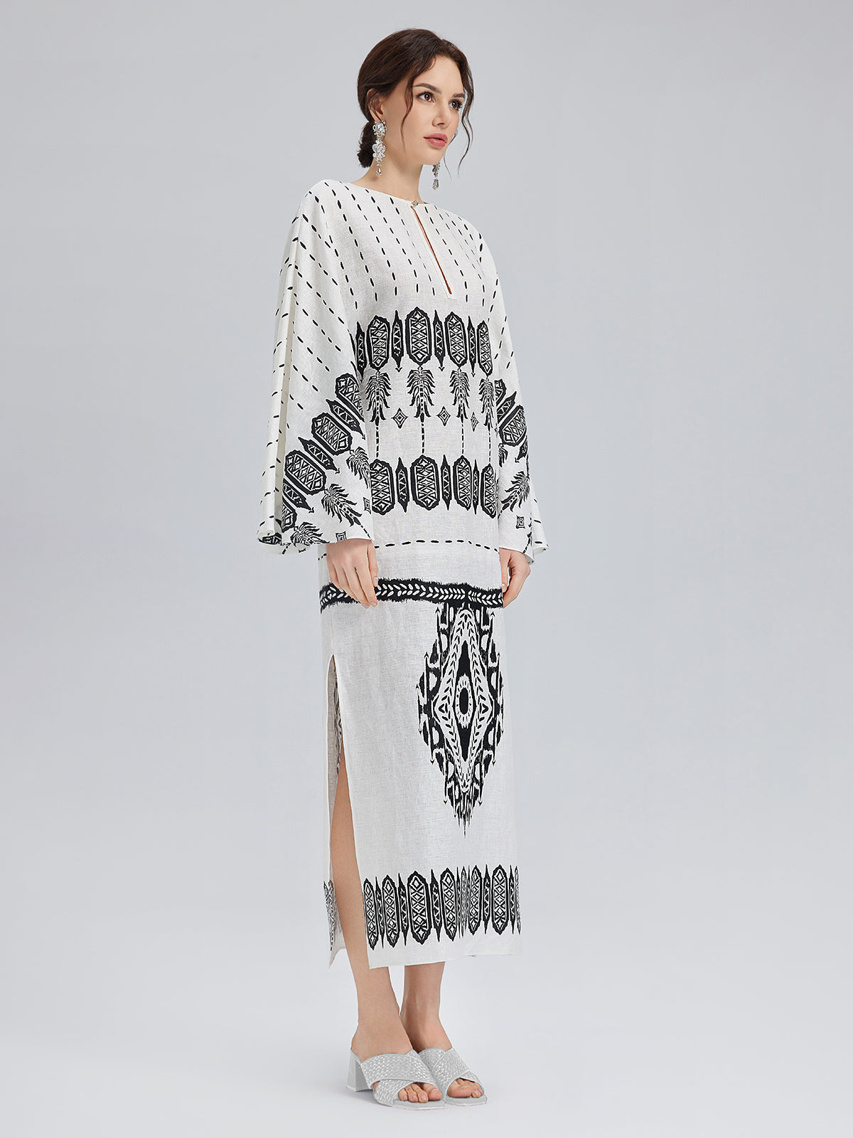 Linen Geometric Print Batwing Maxi Dress