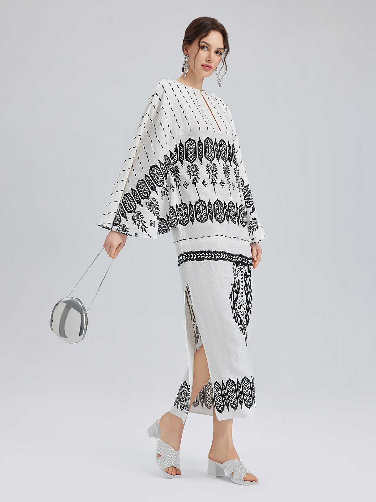 Linen Geometric Print Batwing Maxi Dress