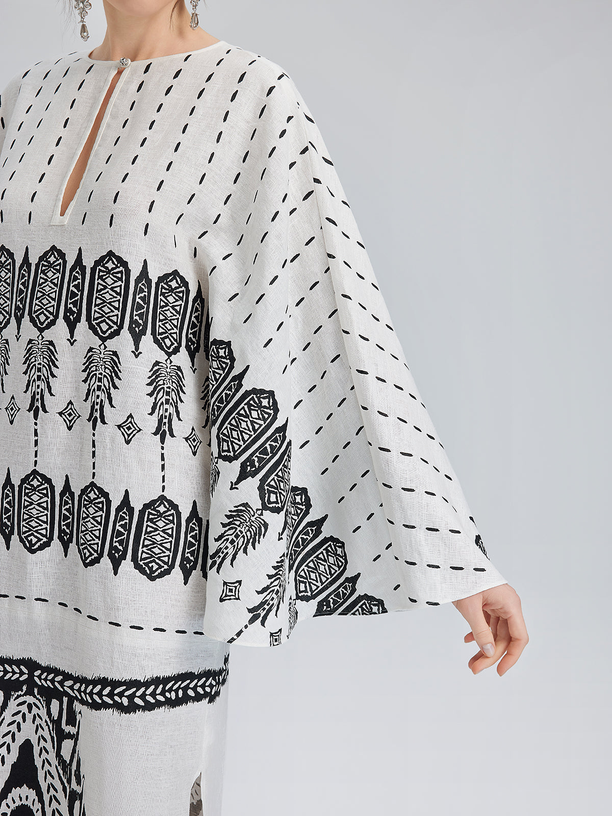 Linen Geometric Print Batwing Maxi Dress