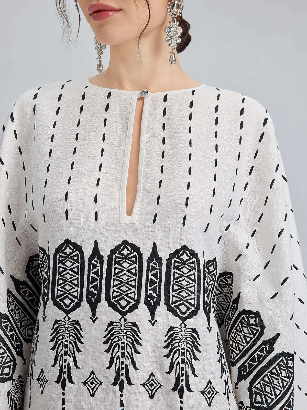 Linen Geometric Print Batwing Maxi Dress