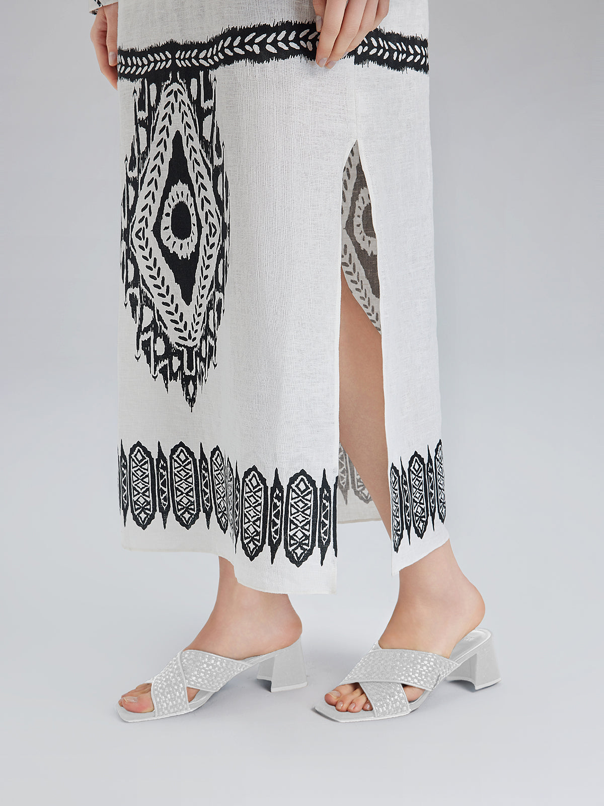 Linen Geometric Print Batwing Maxi Dress